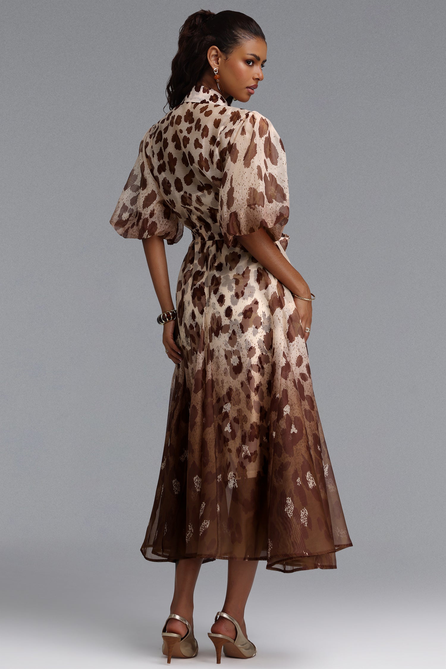 Tamarah Resort Flowy Puff Sleeve Leopard Print Woven Maxi Dress	