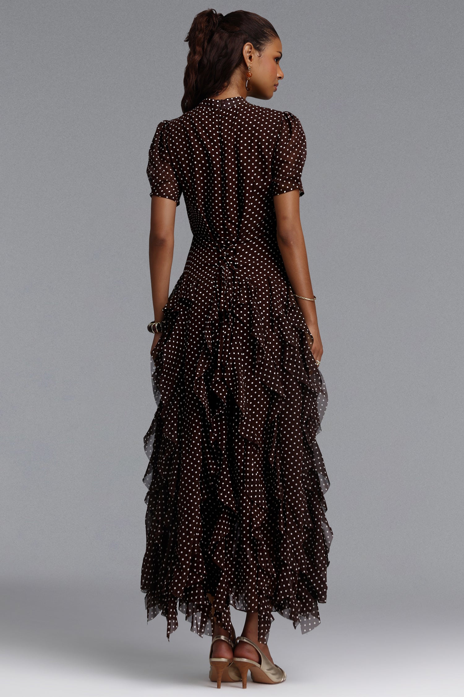 Gricely Elegant Cinched Short Sleeve Ruffle Polka Dot Chiffon Maxi Dress	