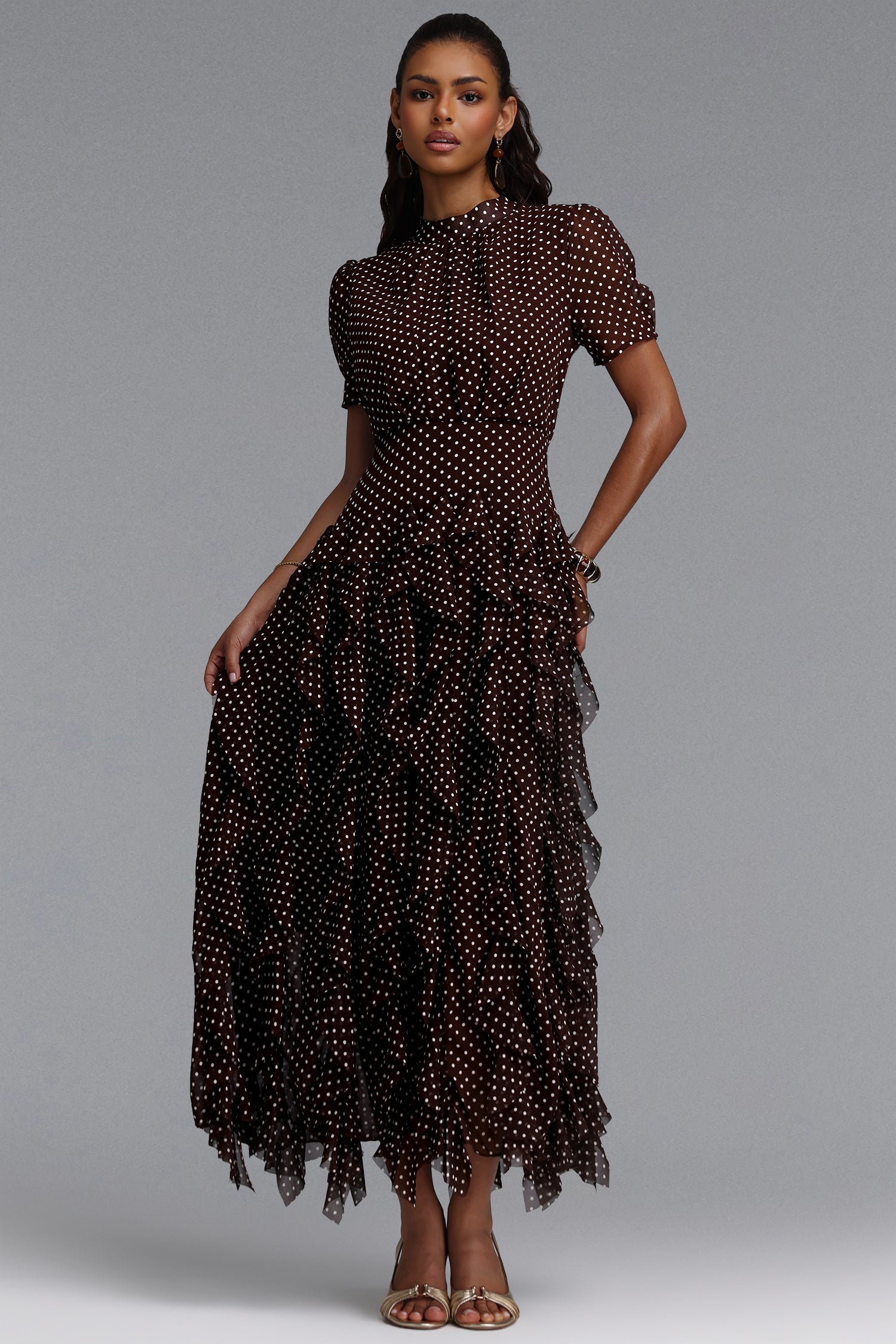 Gricely Elegant Cinched Short Sleeve Ruffle Polka Dot Chiffon Maxi Dress	