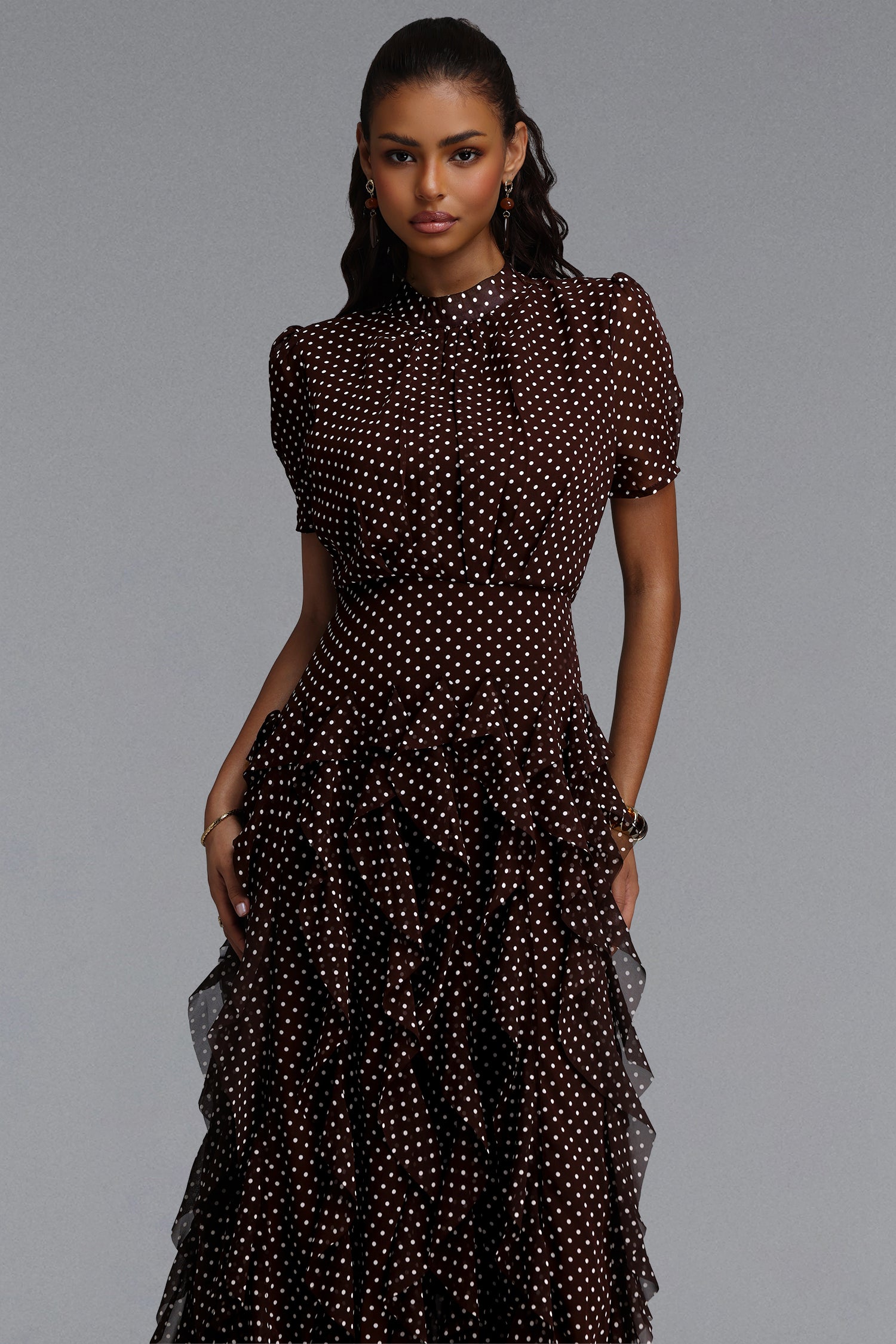 Gricely Elegant Cinched Short Sleeve Ruffle Polka Dot Chiffon Maxi Dress	