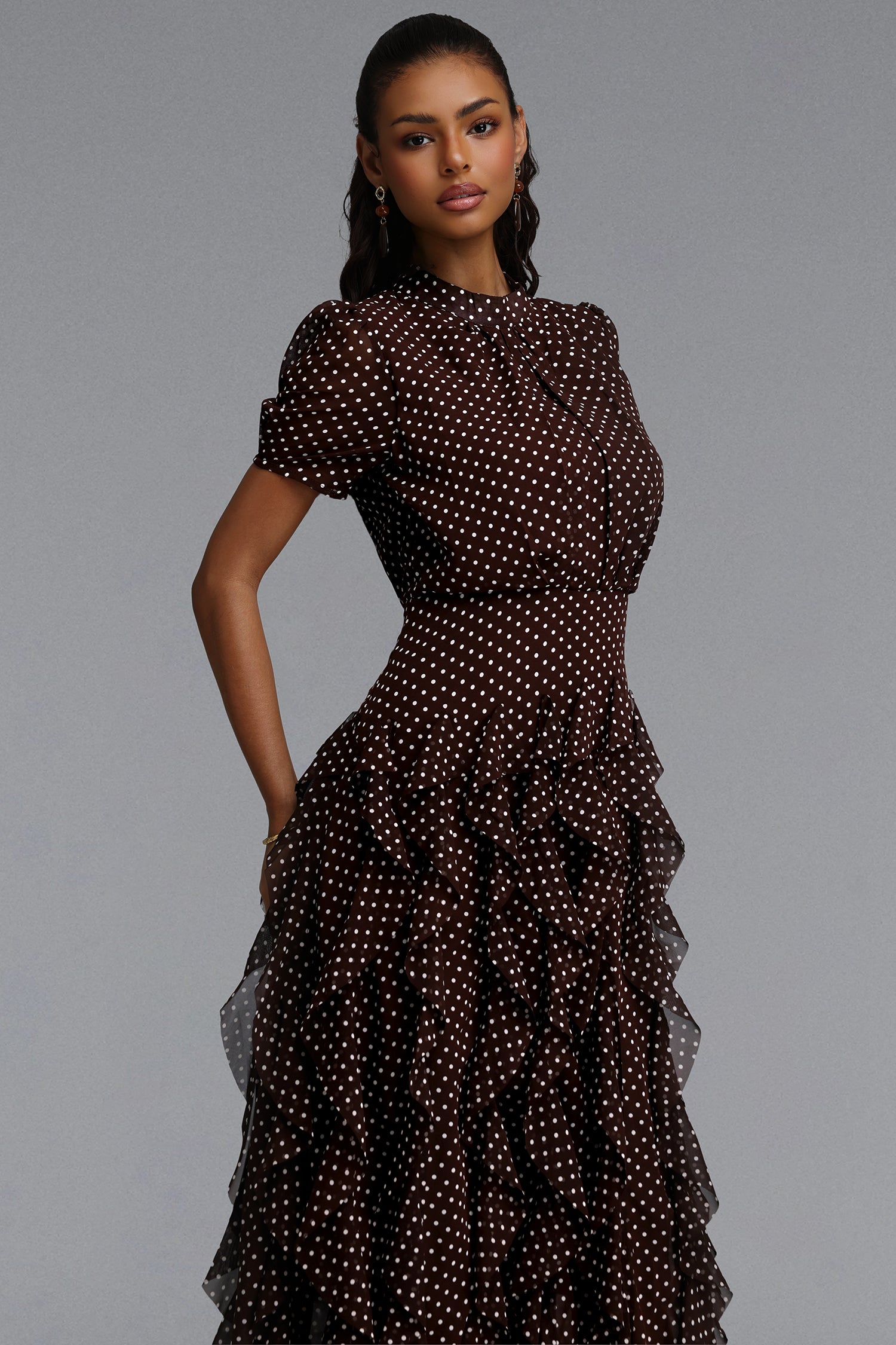 Gricely Elegant Cinched Short Sleeve Ruffle Polka Dot Chiffon Maxi Dress	