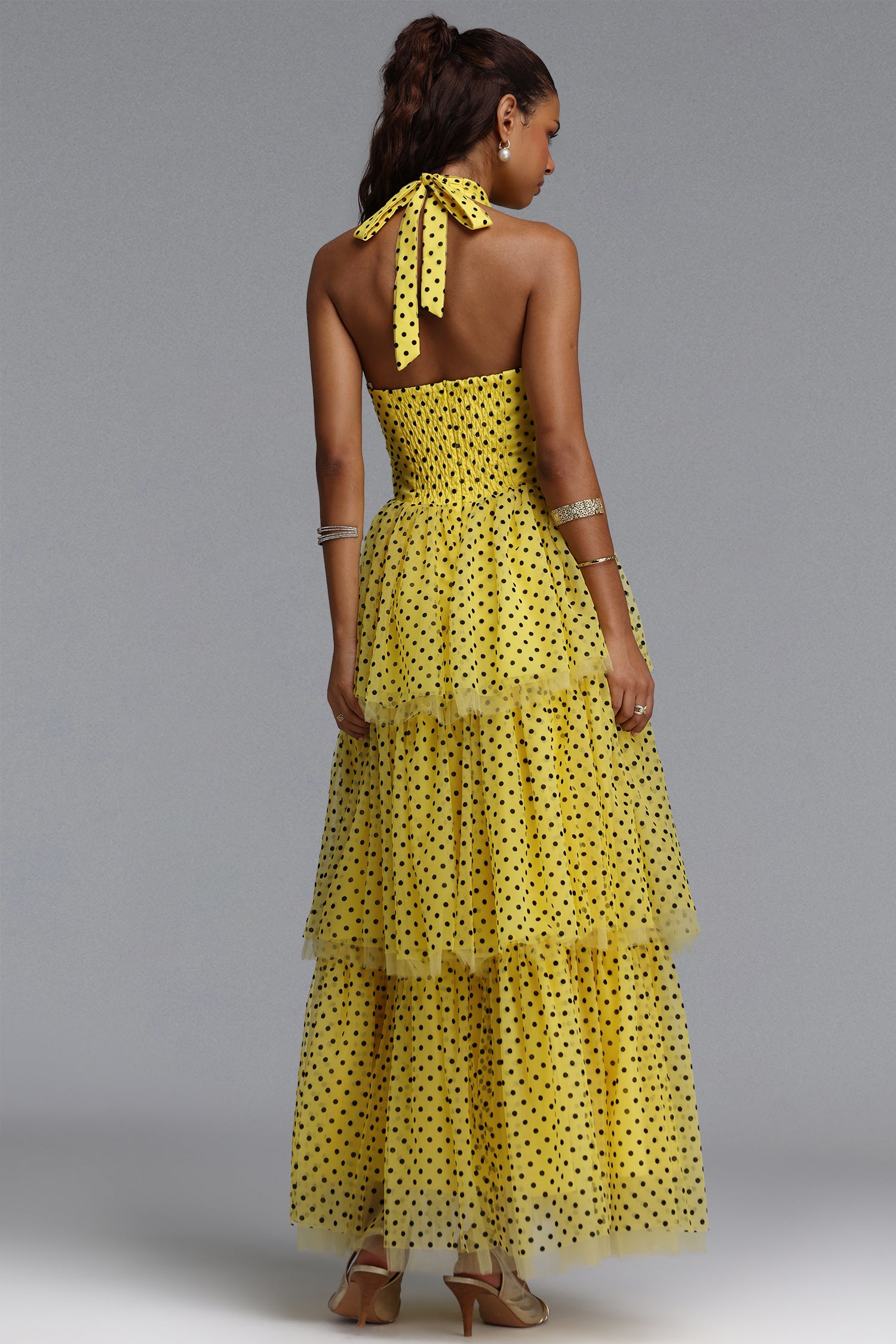 Julieta Sleeveless Dot Printed Layered Folds Yellow Midi Dress	