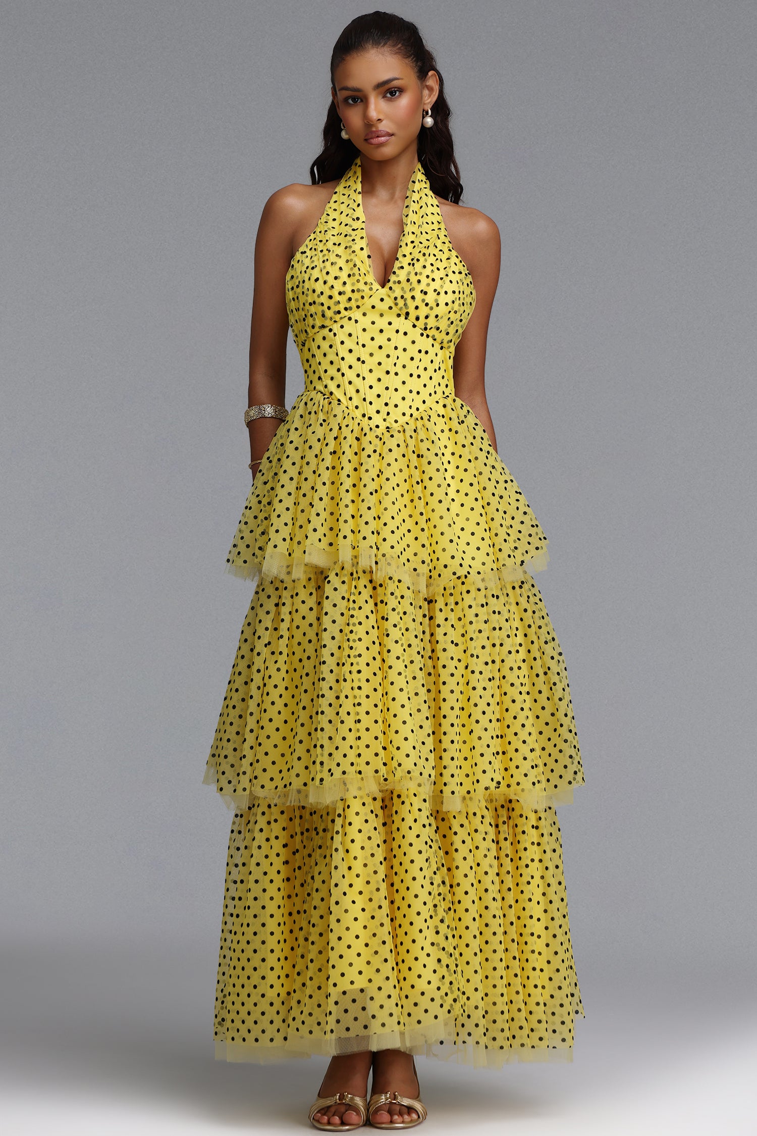 Julieta Sleeveless Dot Printed Layered Folds Yellow Midi Dress	