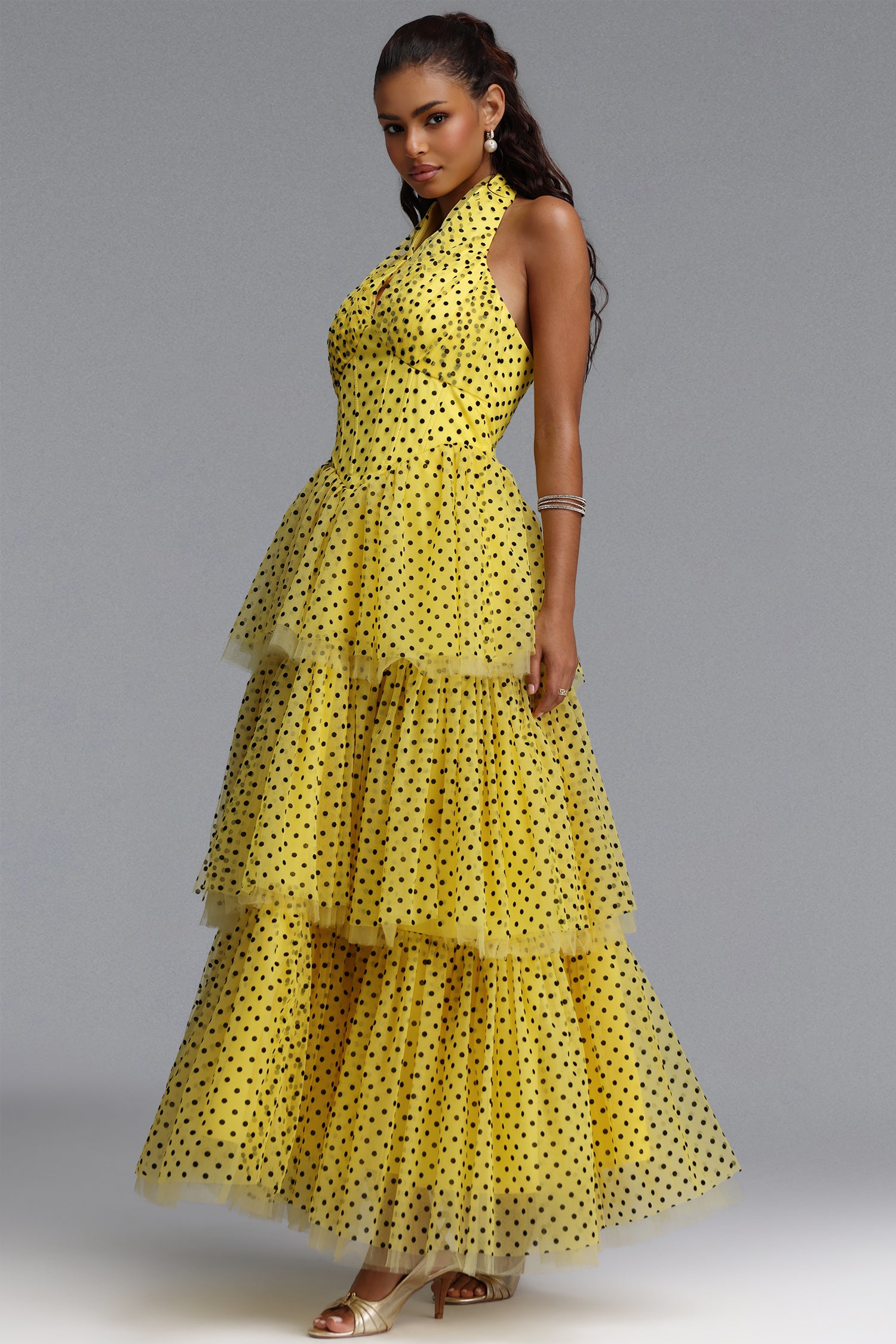 Julieta Sleeveless Dot Printed Layered Folds Yellow Midi Dress	