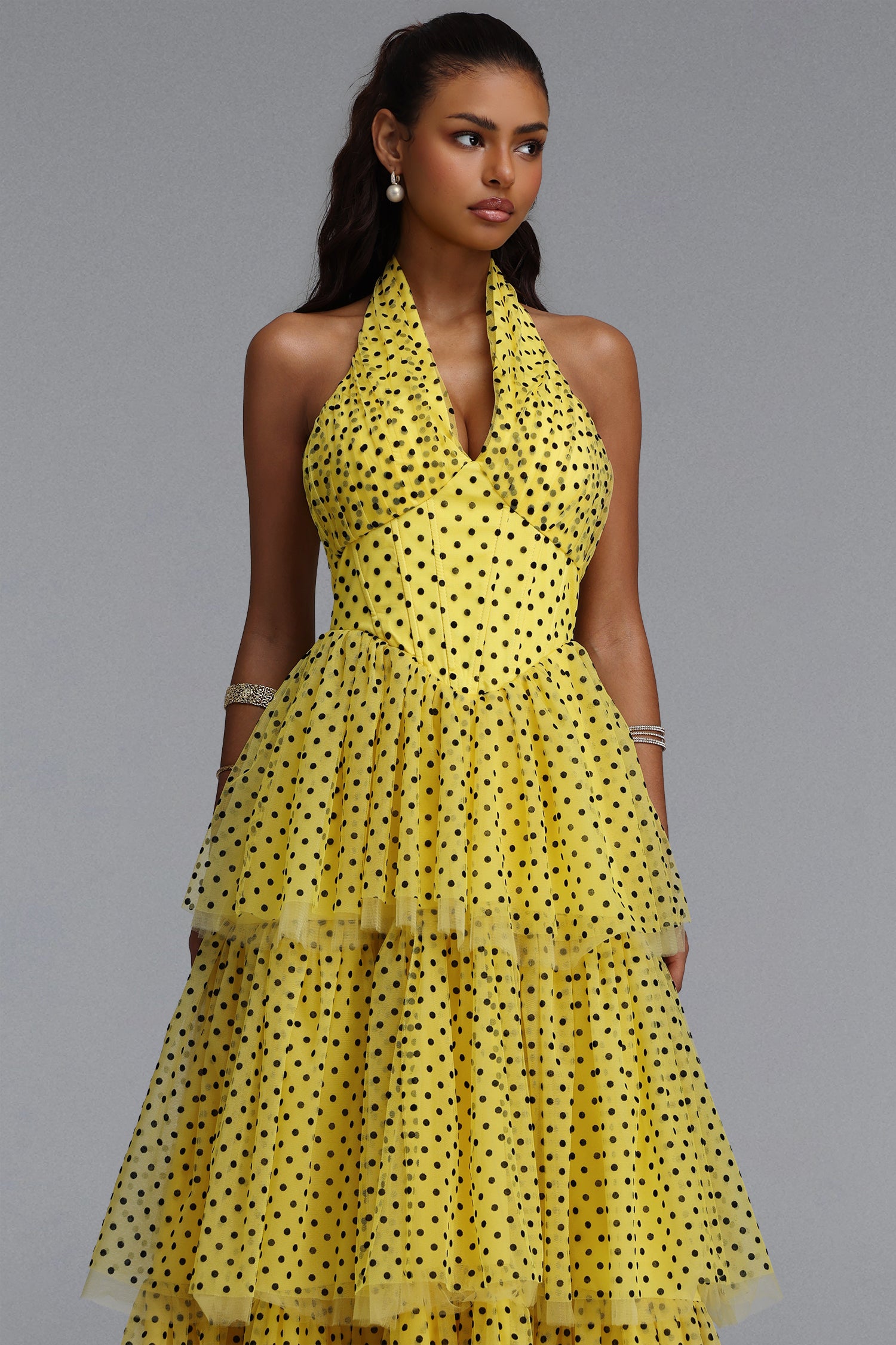 Julieta Sleeveless Dot Printed Layered Folds Yellow Midi Dress	