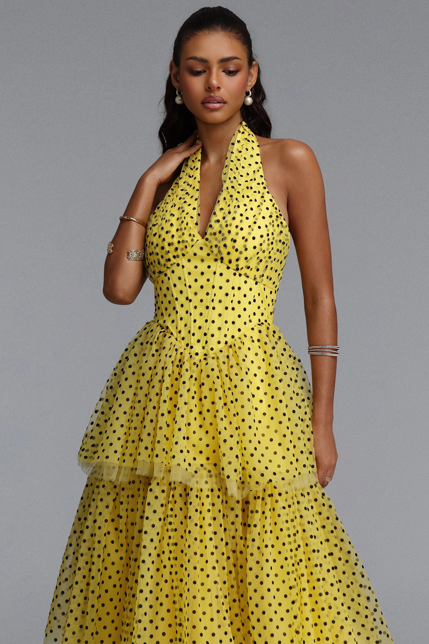 Julieta Sleeveless Dot Printed Layered Folds Yellow Midi Dress	