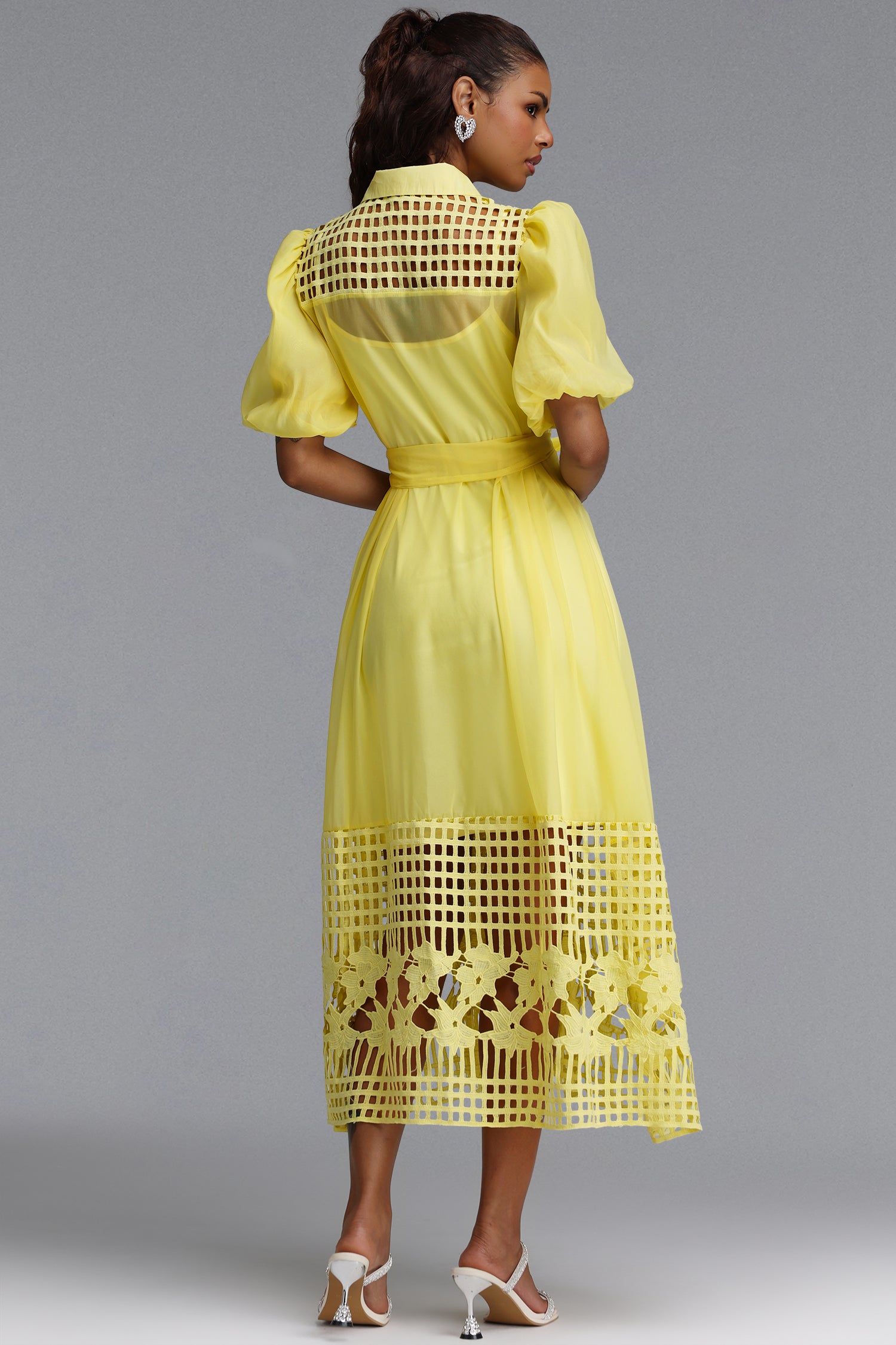 Delilah Resort Flowy Puff Sleeve Rhinestone Cut Out Yellow Woven Maxi Dress	