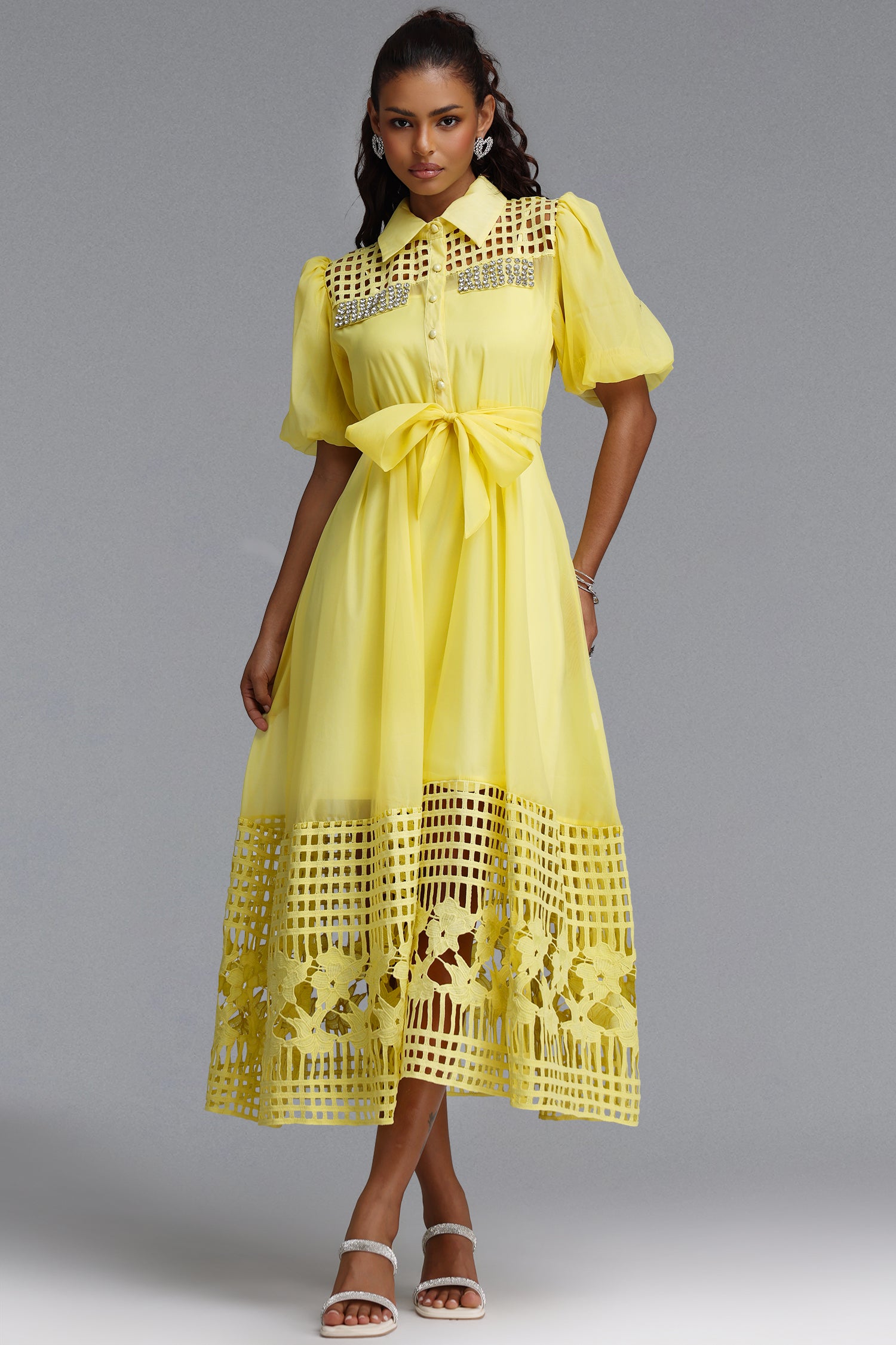 Delilah Resort Flowy Puff Sleeve Rhinestone Cut Out Yellow Woven Maxi Dress	