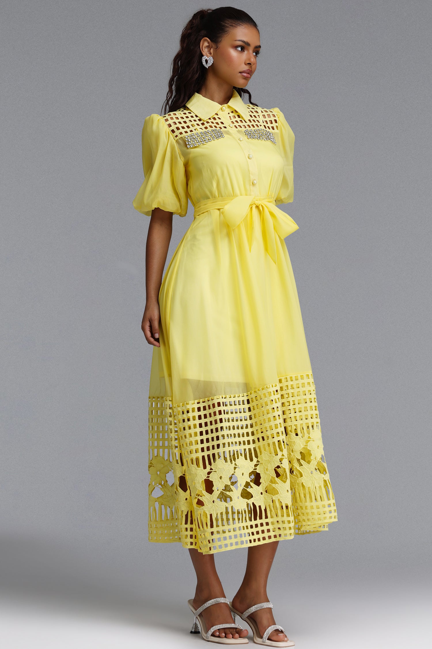 Delilah Resort Flowy Puff Sleeve Rhinestone Cut Out Yellow Woven Maxi Dress	