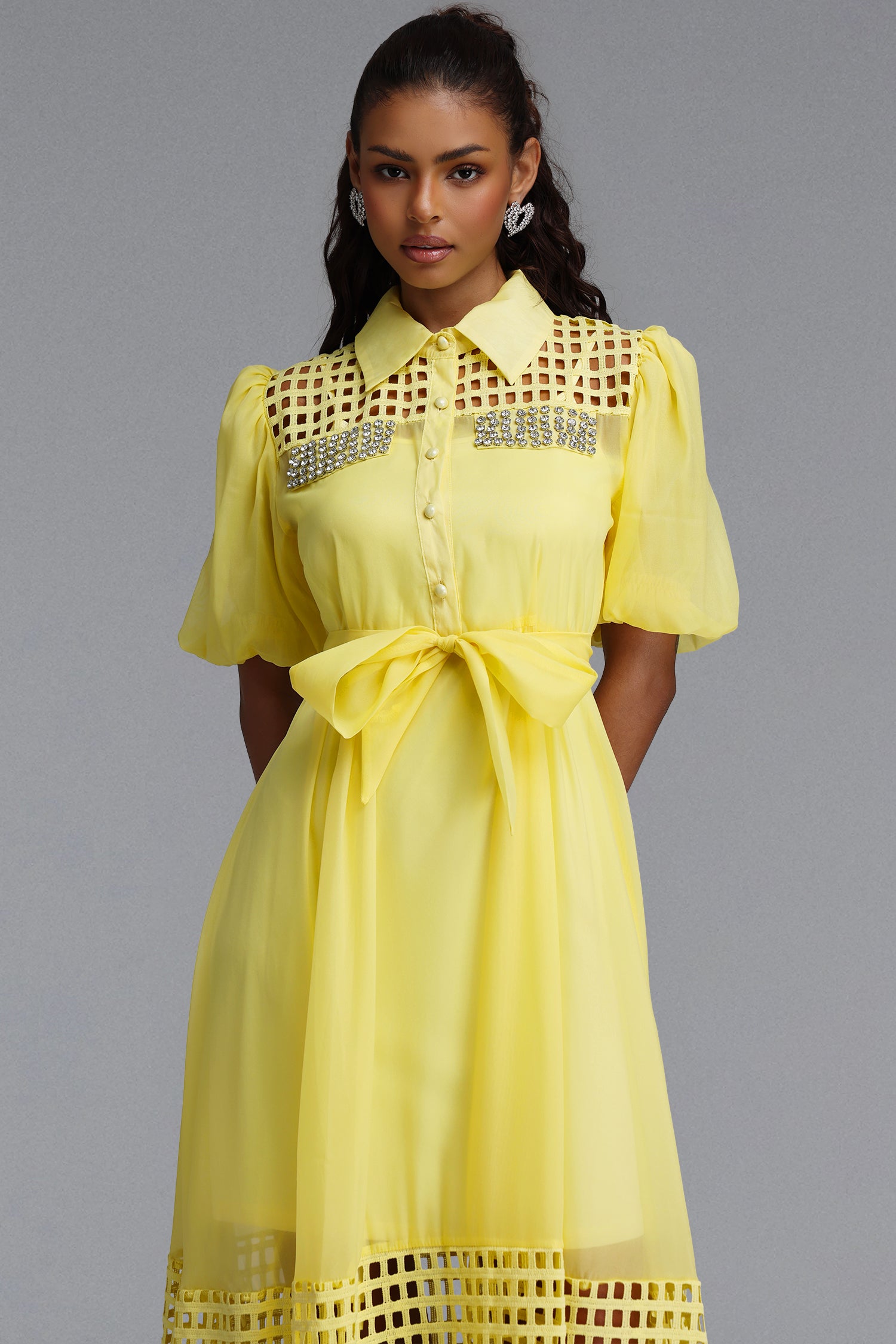 Delilah Resort Flowy Puff Sleeve Rhinestone Cut Out Yellow Woven Maxi Dress	