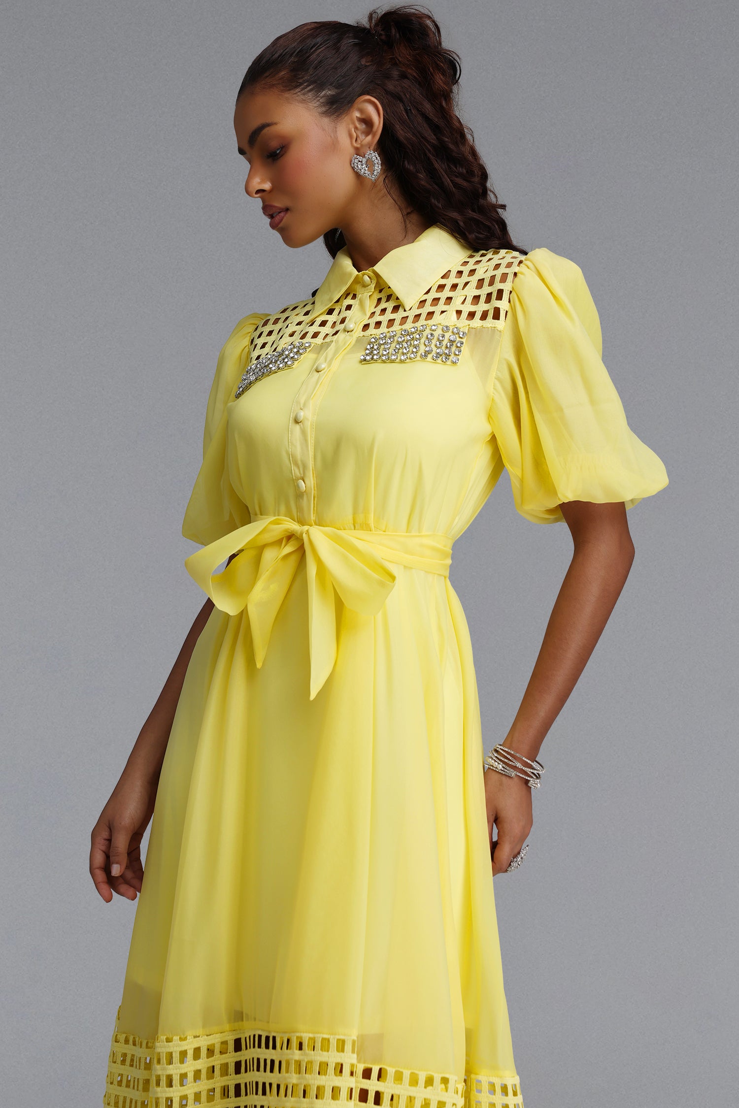 Delilah Resort Flowy Puff Sleeve Rhinestone Cut Out Yellow Woven Maxi Dress	
