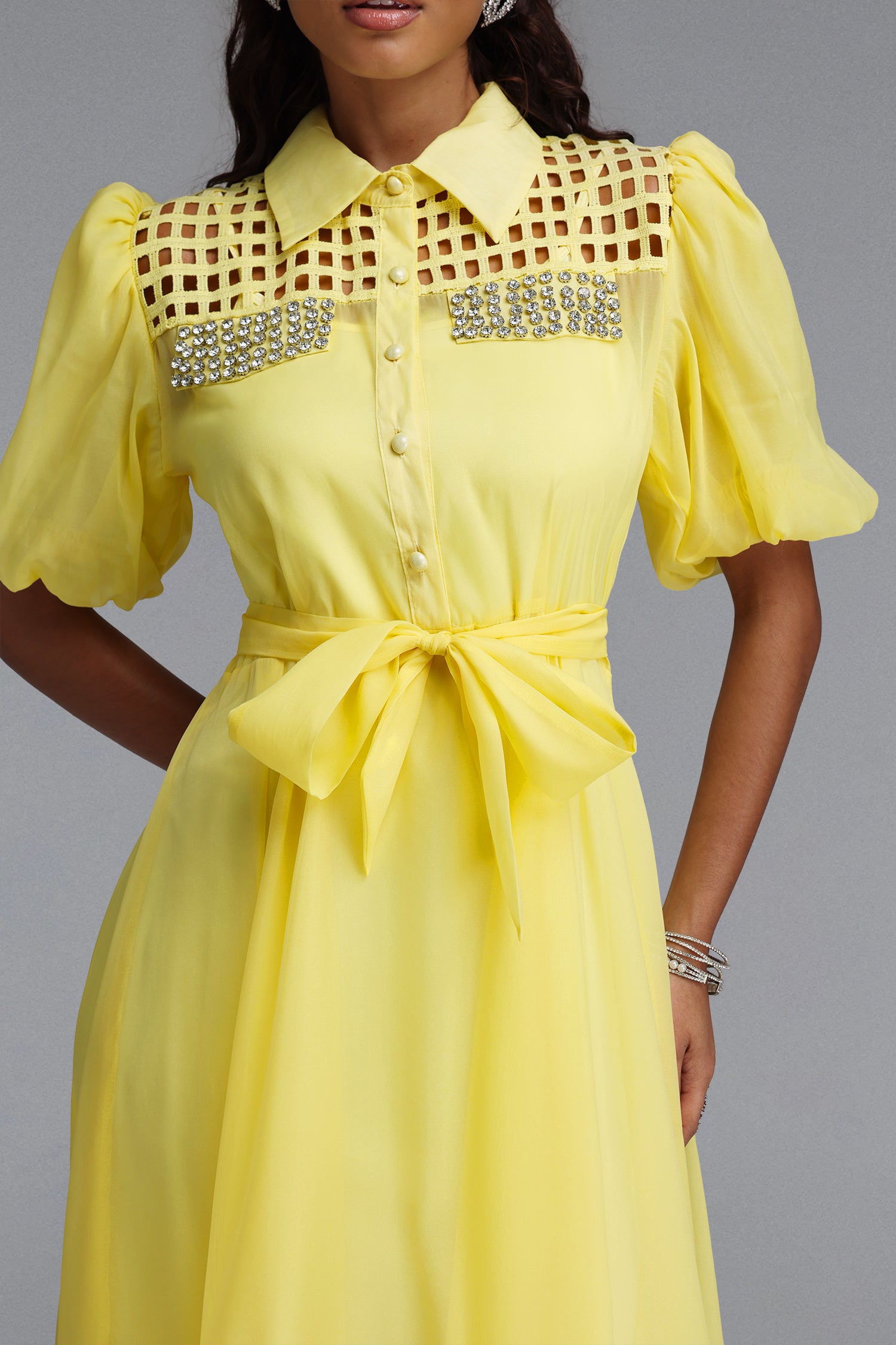 Delilah Resort Flowy Puff Sleeve Rhinestone Cut Out Yellow Woven Maxi Dress	