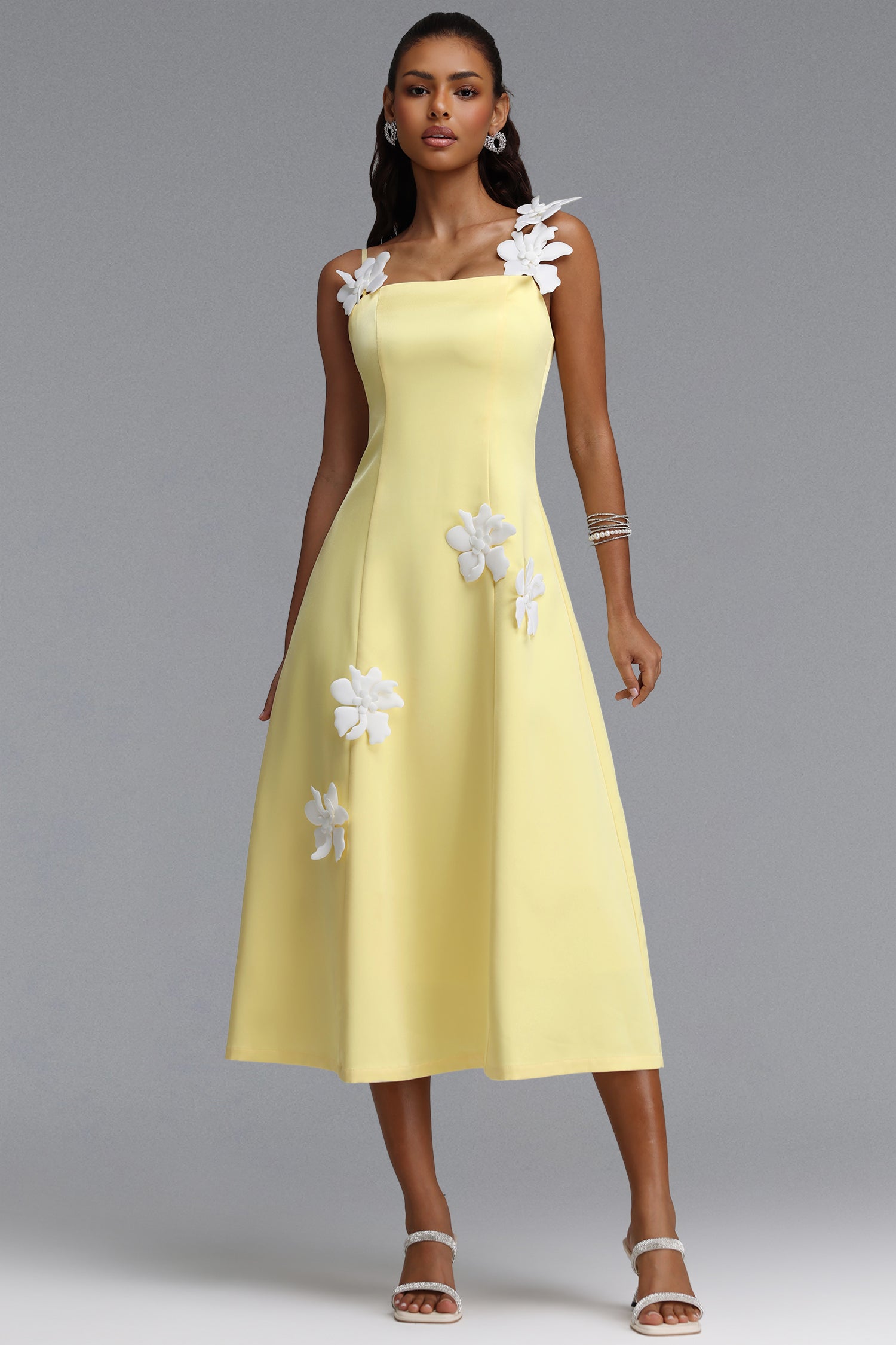 Liviya Elegant Tailored Spaghetti Strap Floral Woven Midi Dress	
