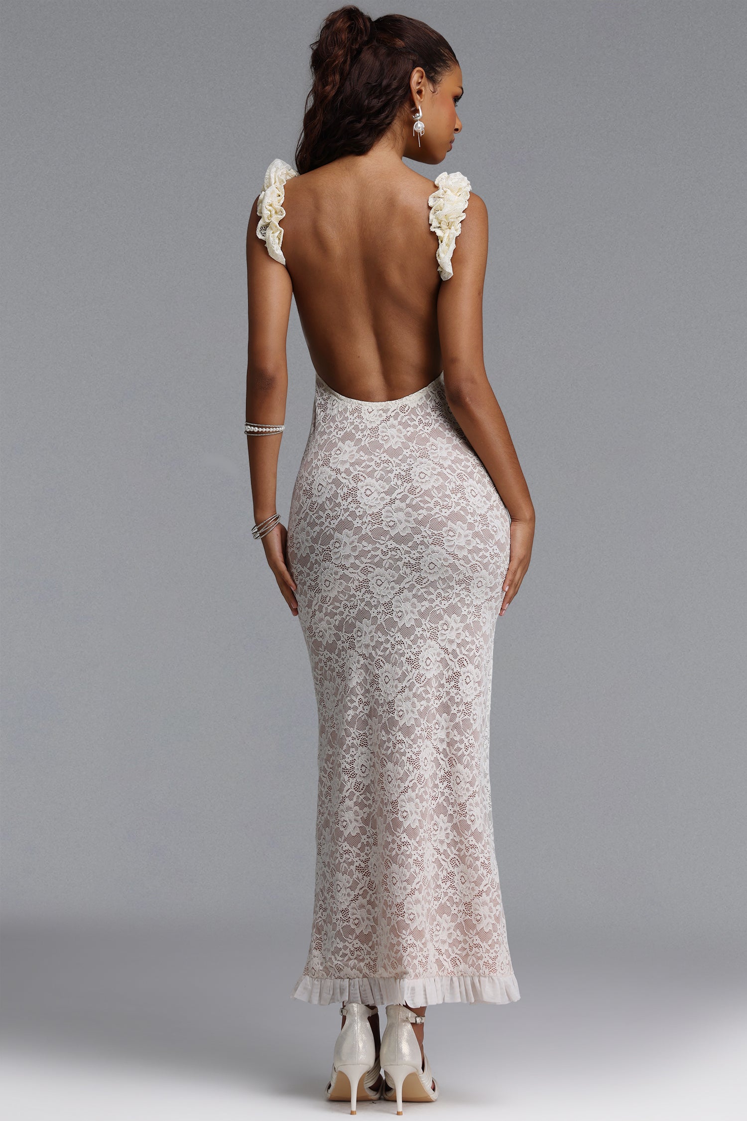 Trese Sexy Contour Ruffle Straps Backless Floral Lace Maxi Dress	
