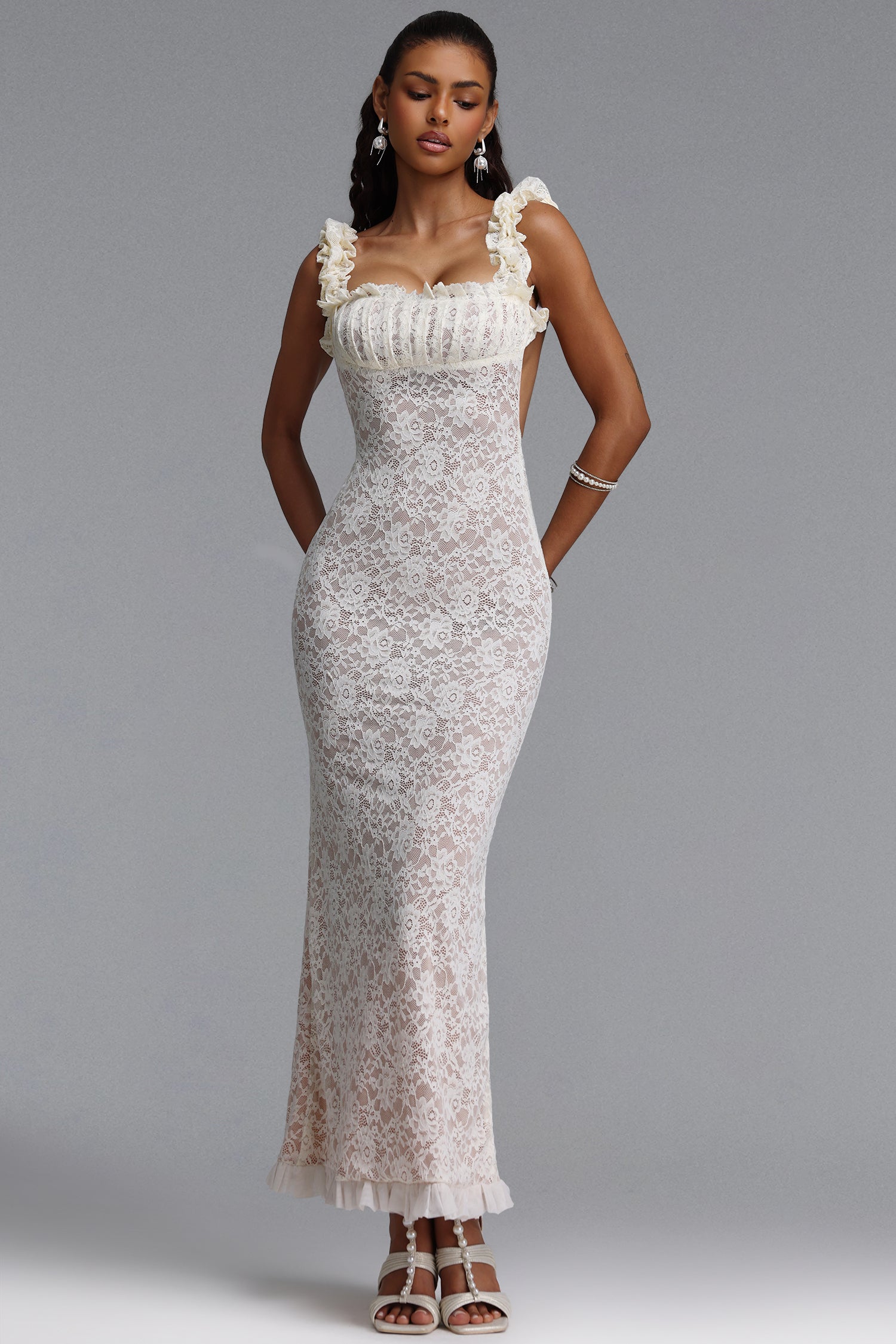Trese Sexy Contour Ruffle Straps Backless Floral Lace Maxi Dress	