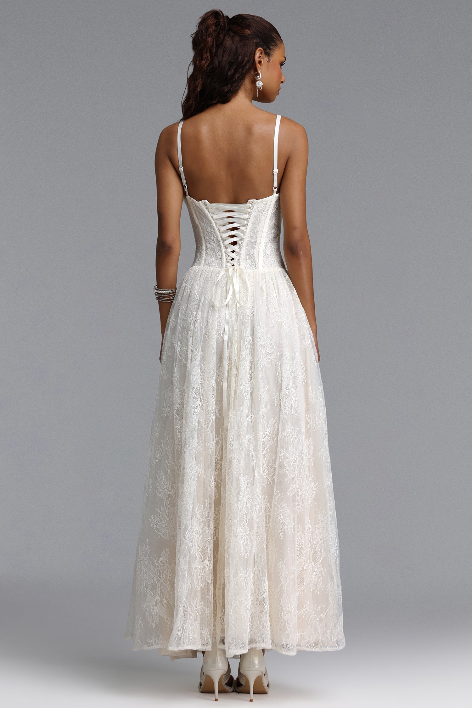 Ingrid Romantic Flowy Spaghetti Strap Floral Lace Maxi Dress	