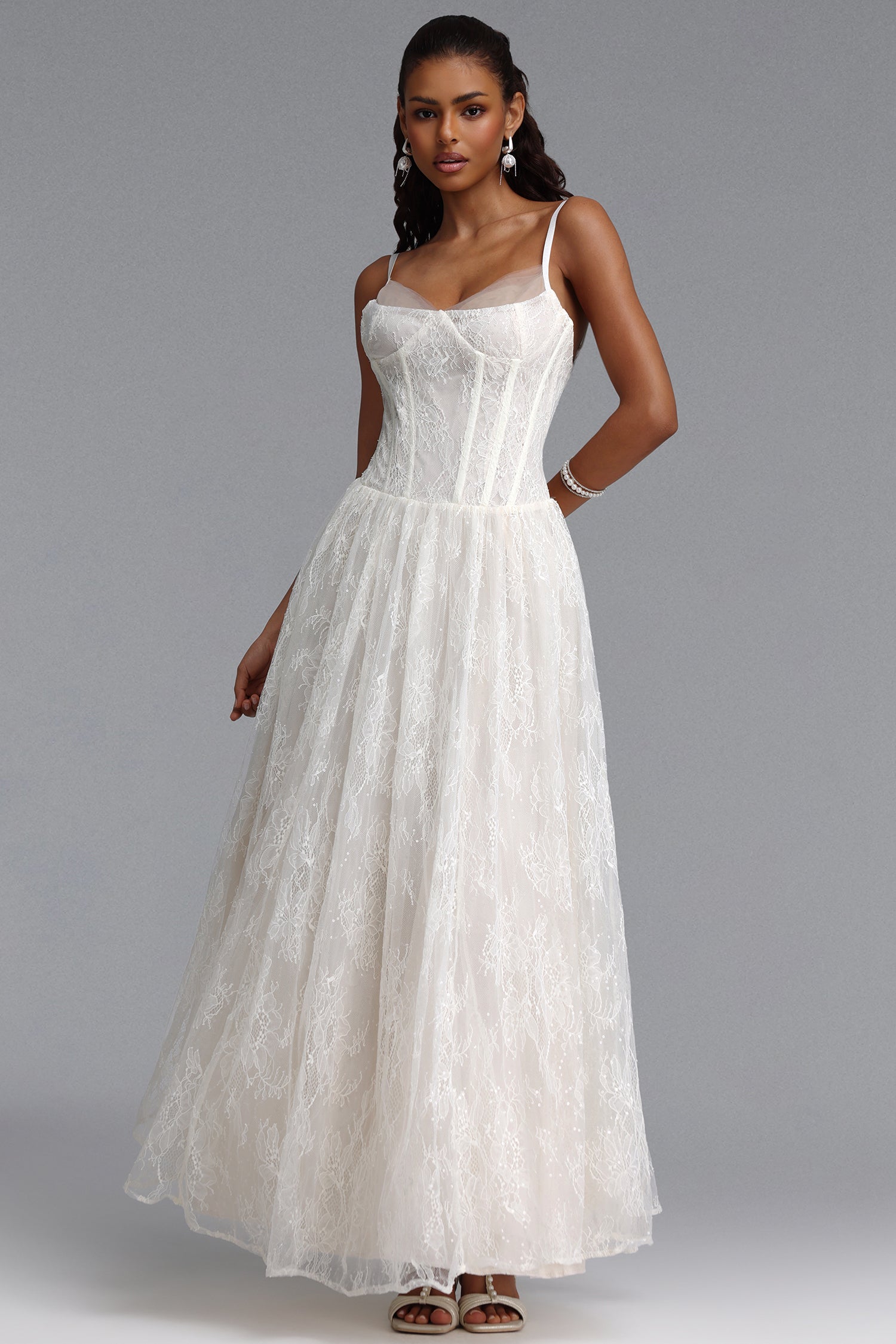 Ingrid Romantic Flowy Spaghetti Strap Floral Lace Maxi Dress	