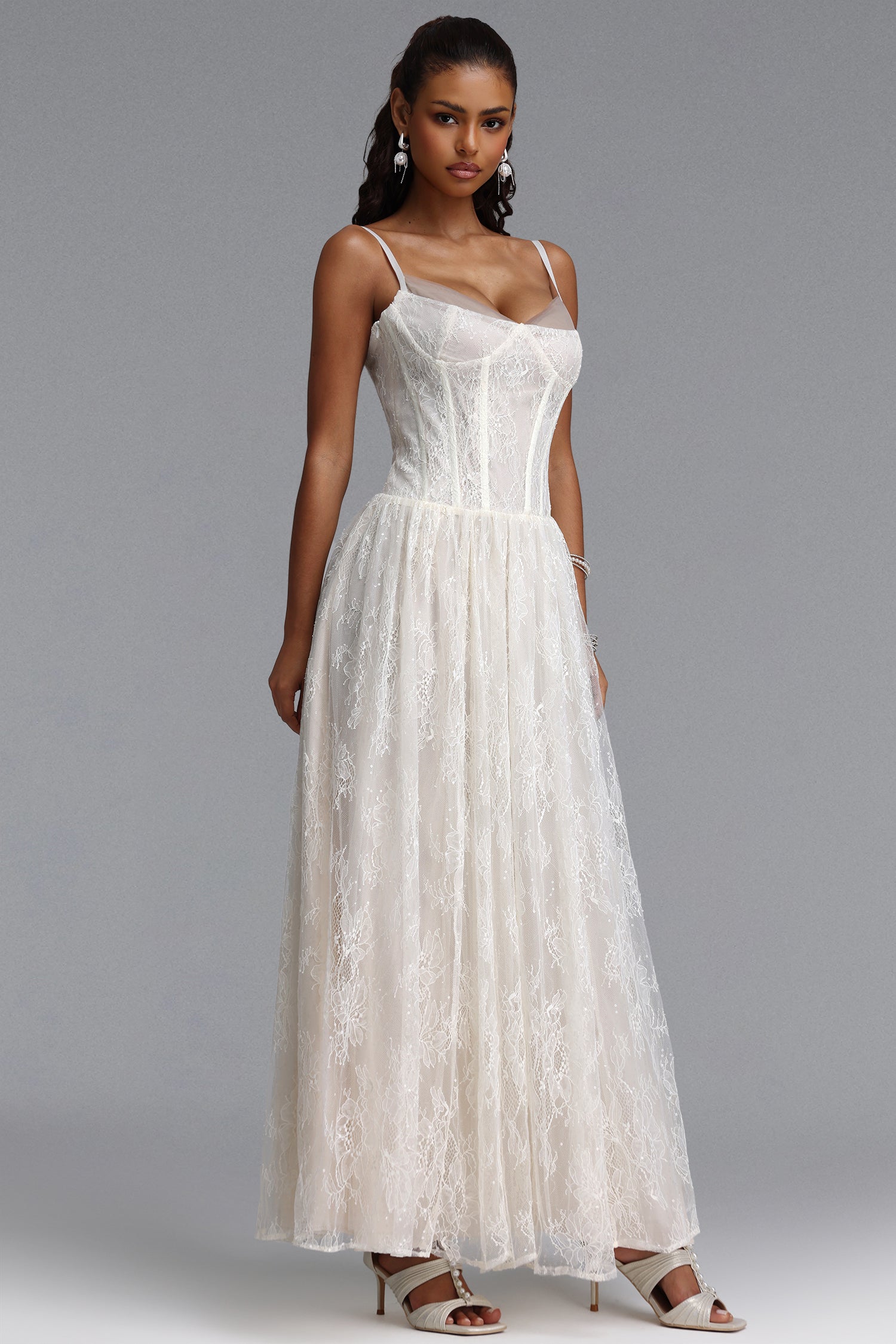 Ingrid Romantic Flowy Spaghetti Strap Floral Lace Maxi Dress	