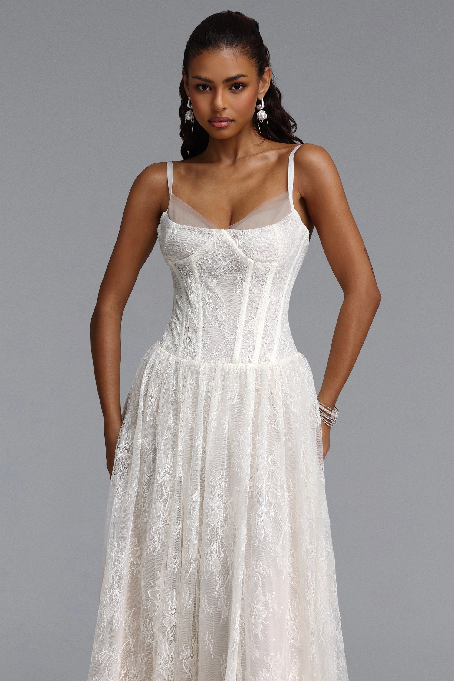 Ingrid Romantic Flowy Spaghetti Strap Floral Lace Maxi Dress	