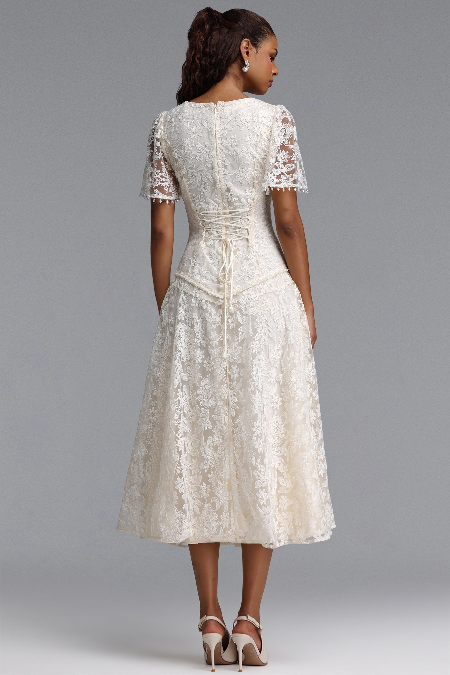 Eigra Elegant Tailored Short Sleeve V Neck Floral Lace Maxi Dress	