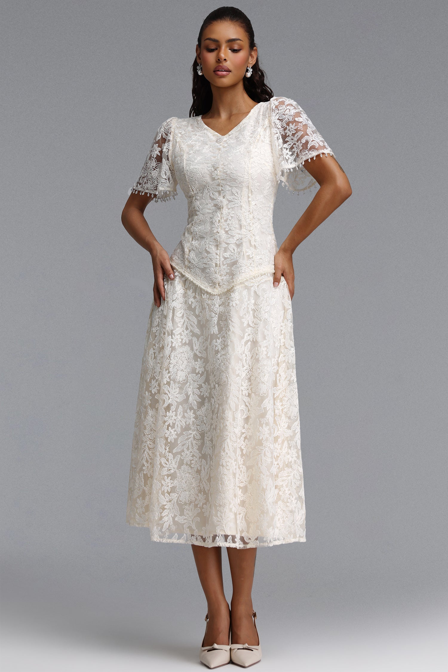 Eigra Elegant Tailored Short Sleeve V Neck Floral Lace Maxi Dress	