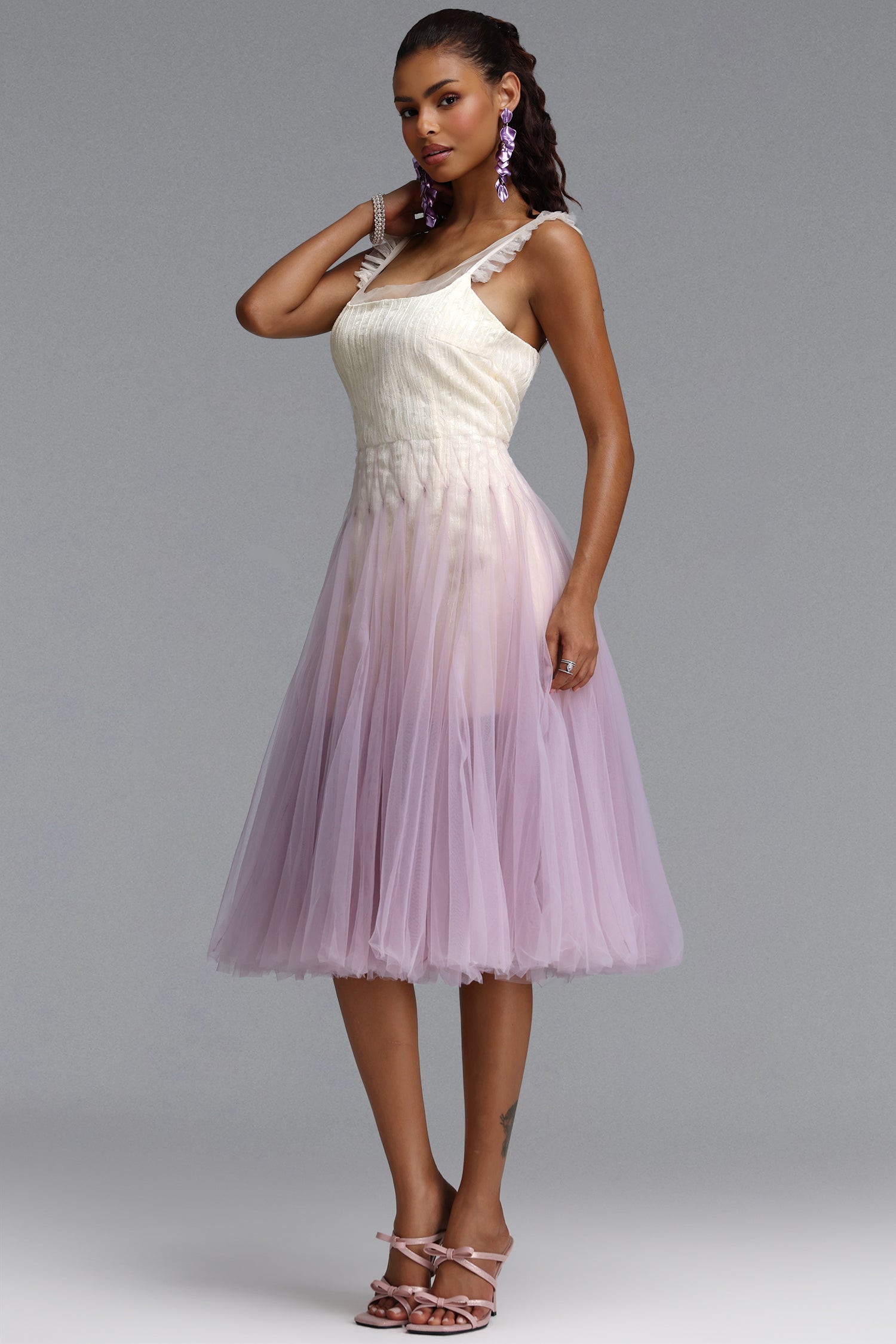 Gevjon Romantic Flowy Sleeveless Ruffle Tulle Midi Dress	