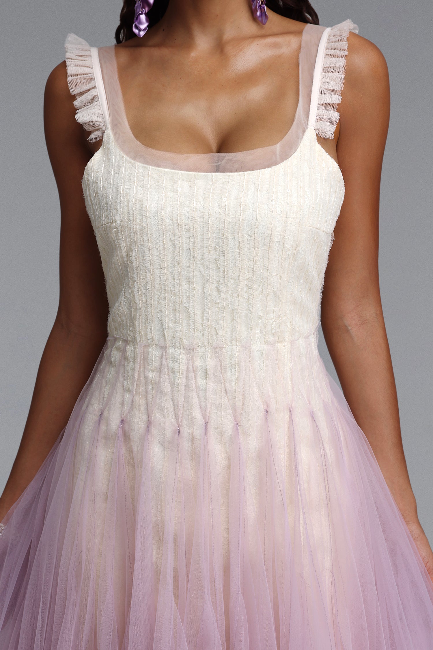 Gevjon Romantic Flowy Sleeveless Ruffle Tulle Midi Dress	