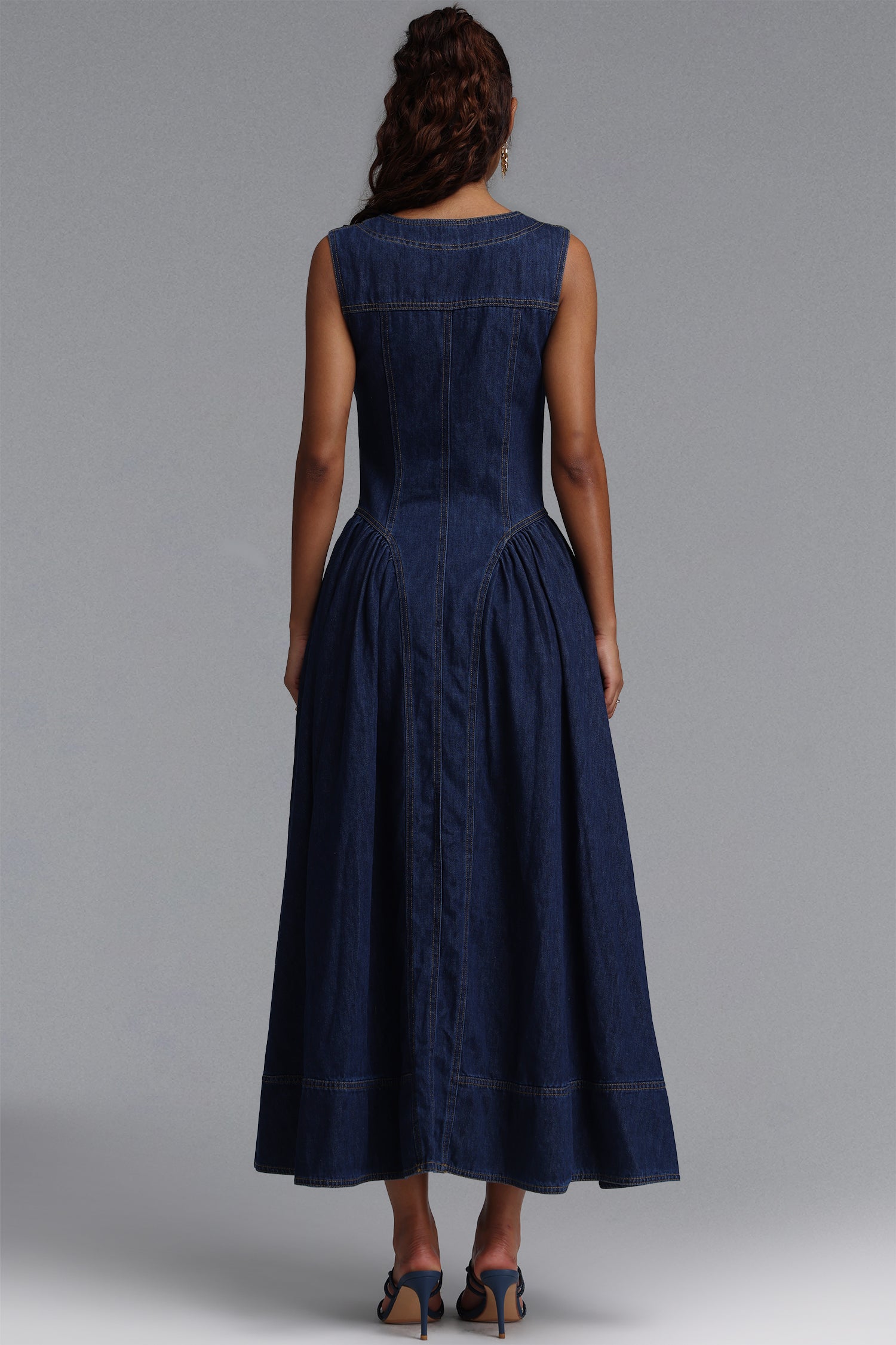 Sanna Chic Tailored Sleeveless Flared Gathered Denim Maxi Dress	