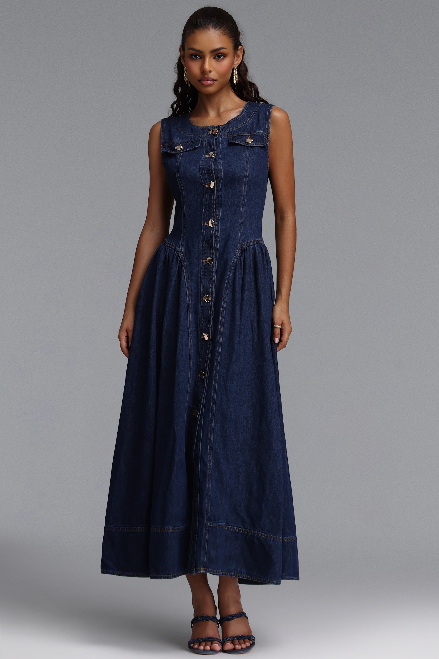 Sanna Chic Tailored Sleeveless Flared Gathered Denim Maxi Dress	