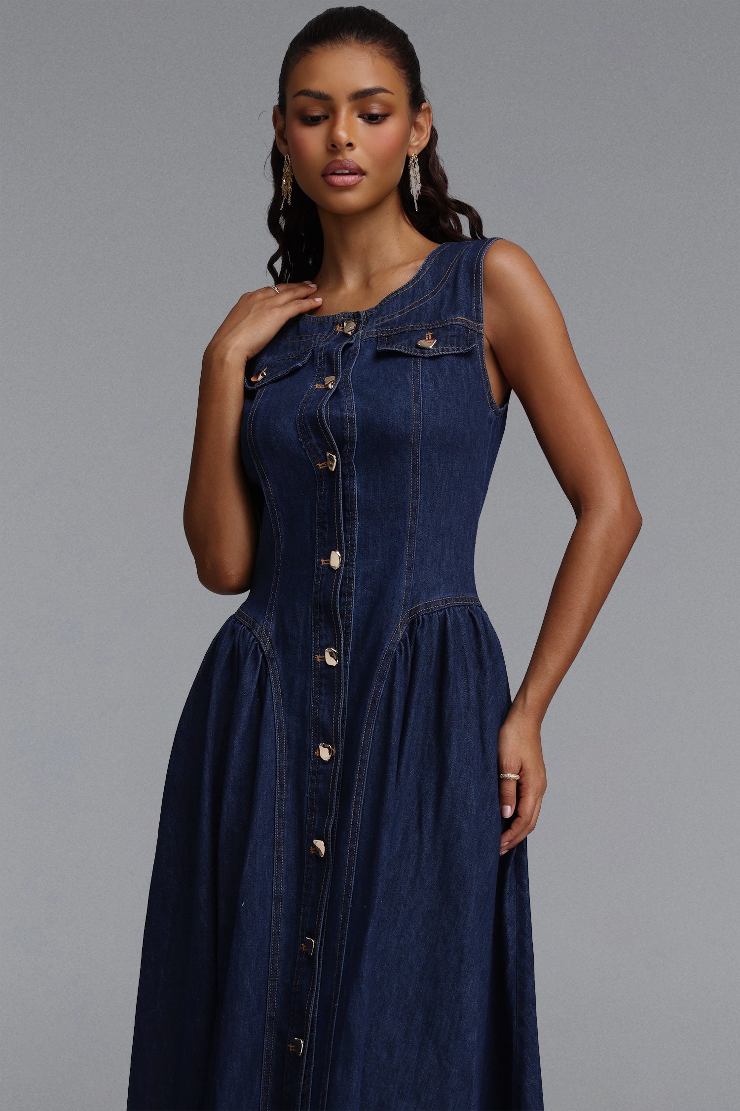 Sanna Chic Tailored Sleeveless Flared Gathered Denim Maxi Dress	
