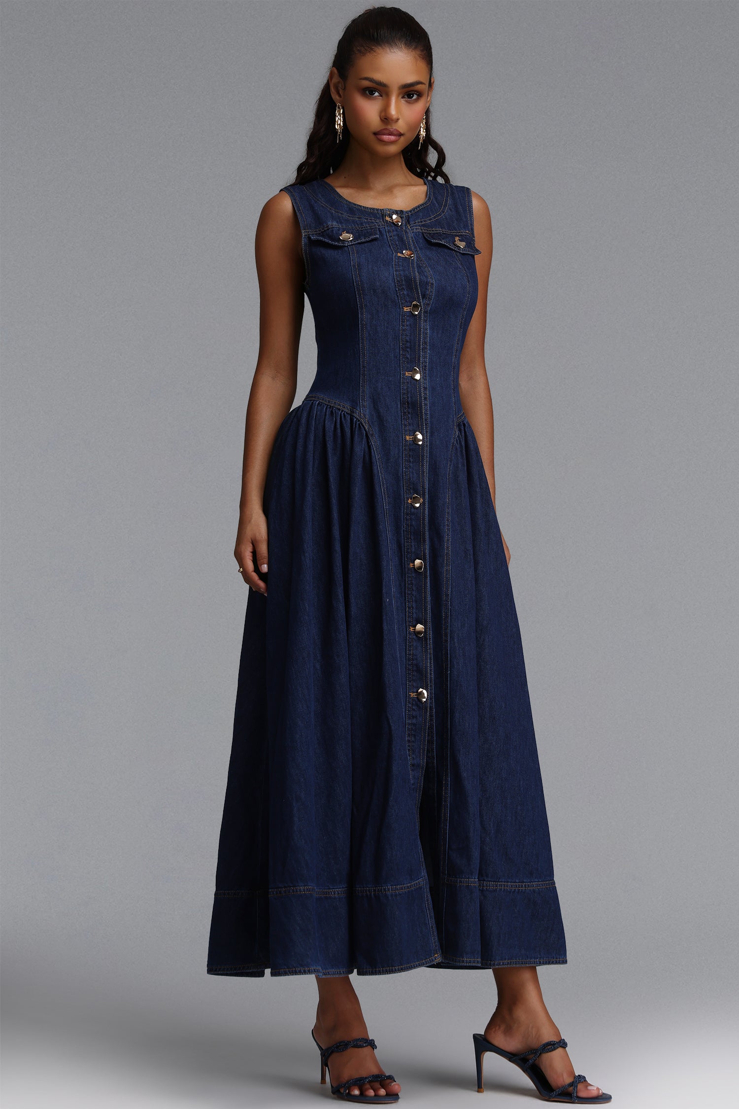 Sanna Chic Tailored Sleeveless Flared Gathered Denim Maxi Dress	