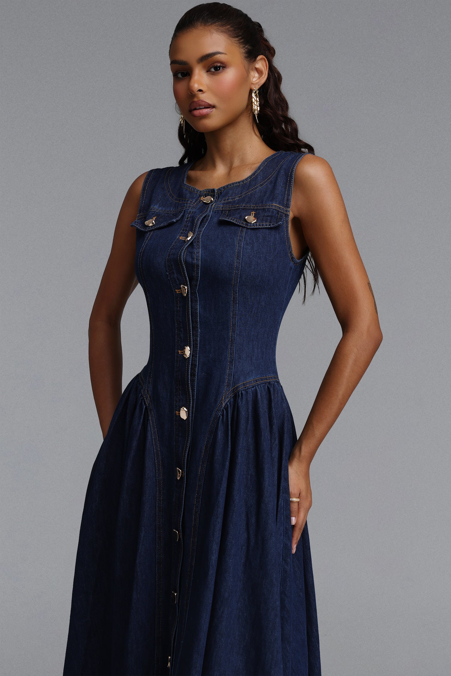 Sanna Chic Tailored Sleeveless Flared Gathered Denim Maxi Dress	