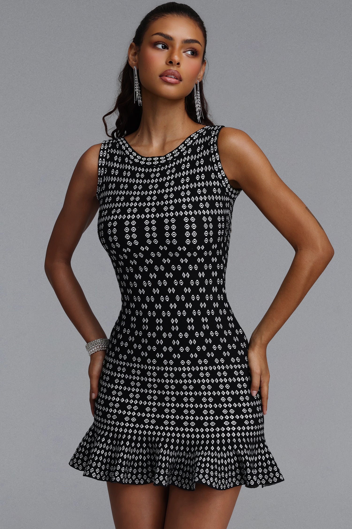 Eloise Chic Contour Round Neck Sleeveless Jacquard Knit Mini Dress	