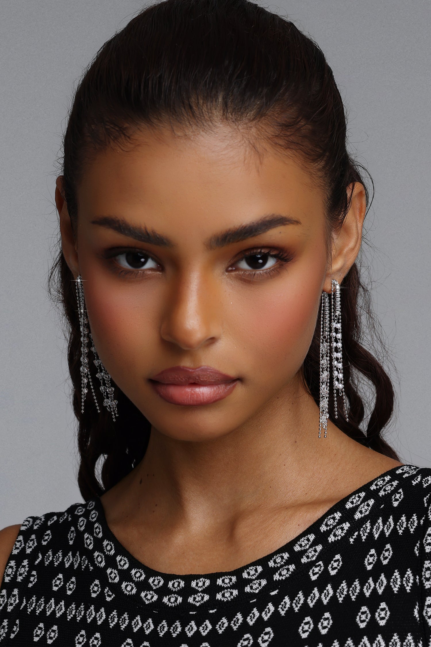 Sorel Double Row Rhinestone Chain Pearl Tassel Earrings	