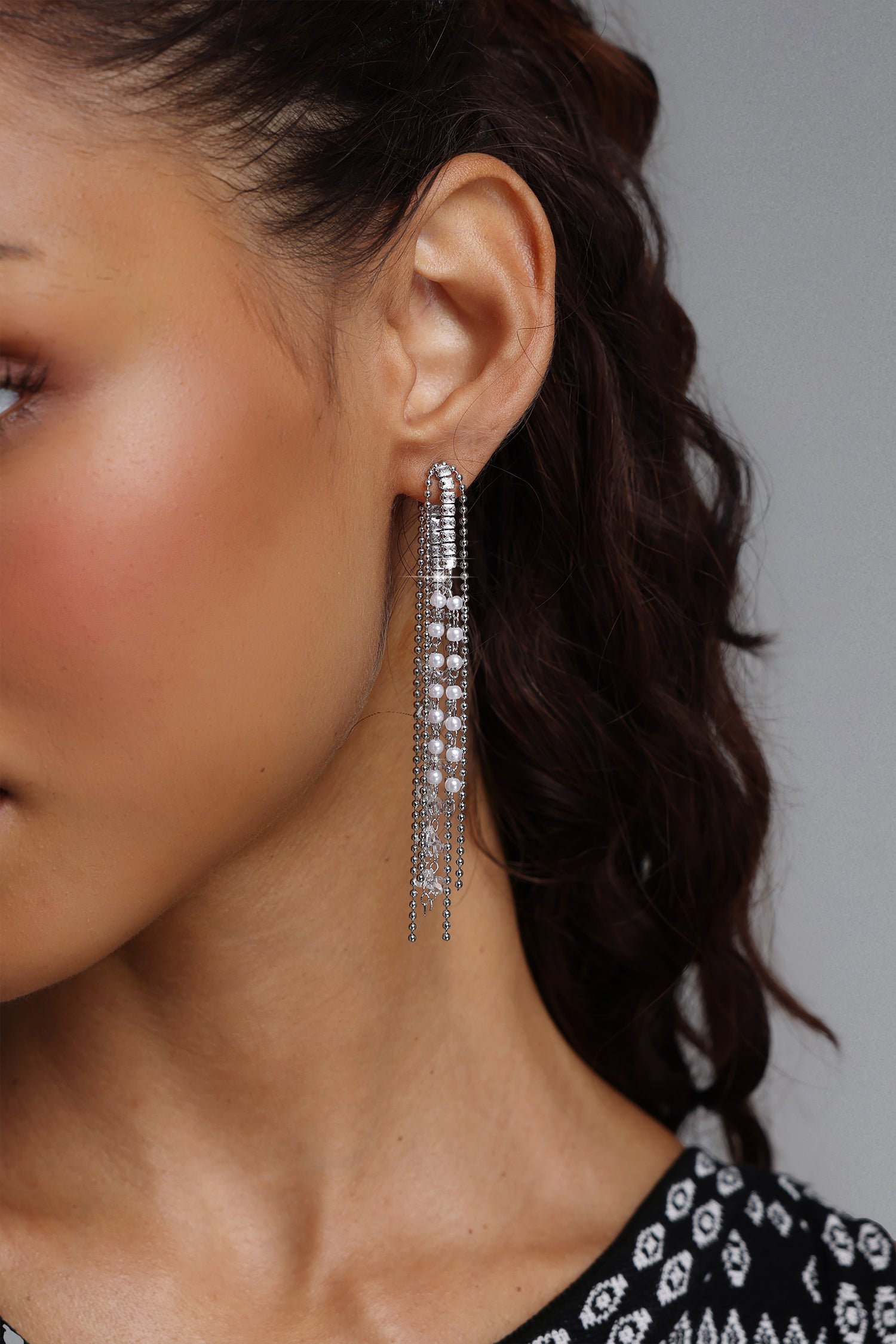 Sorel Double Row Rhinestone Chain Pearl Tassel Earrings	