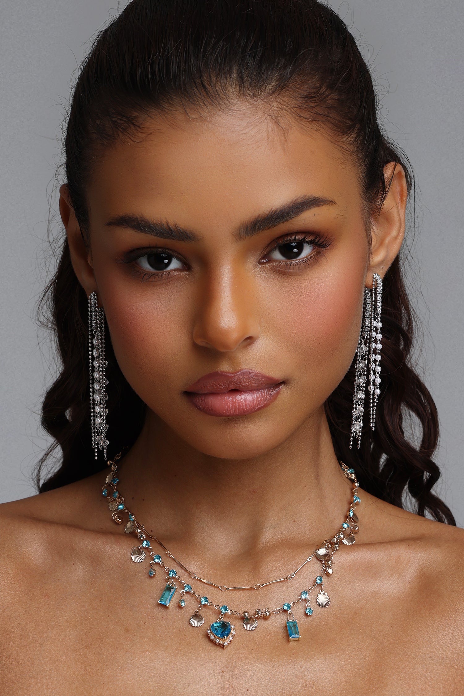 Suku Multi-Layered Heart Rhinestone Tassel Necklace	