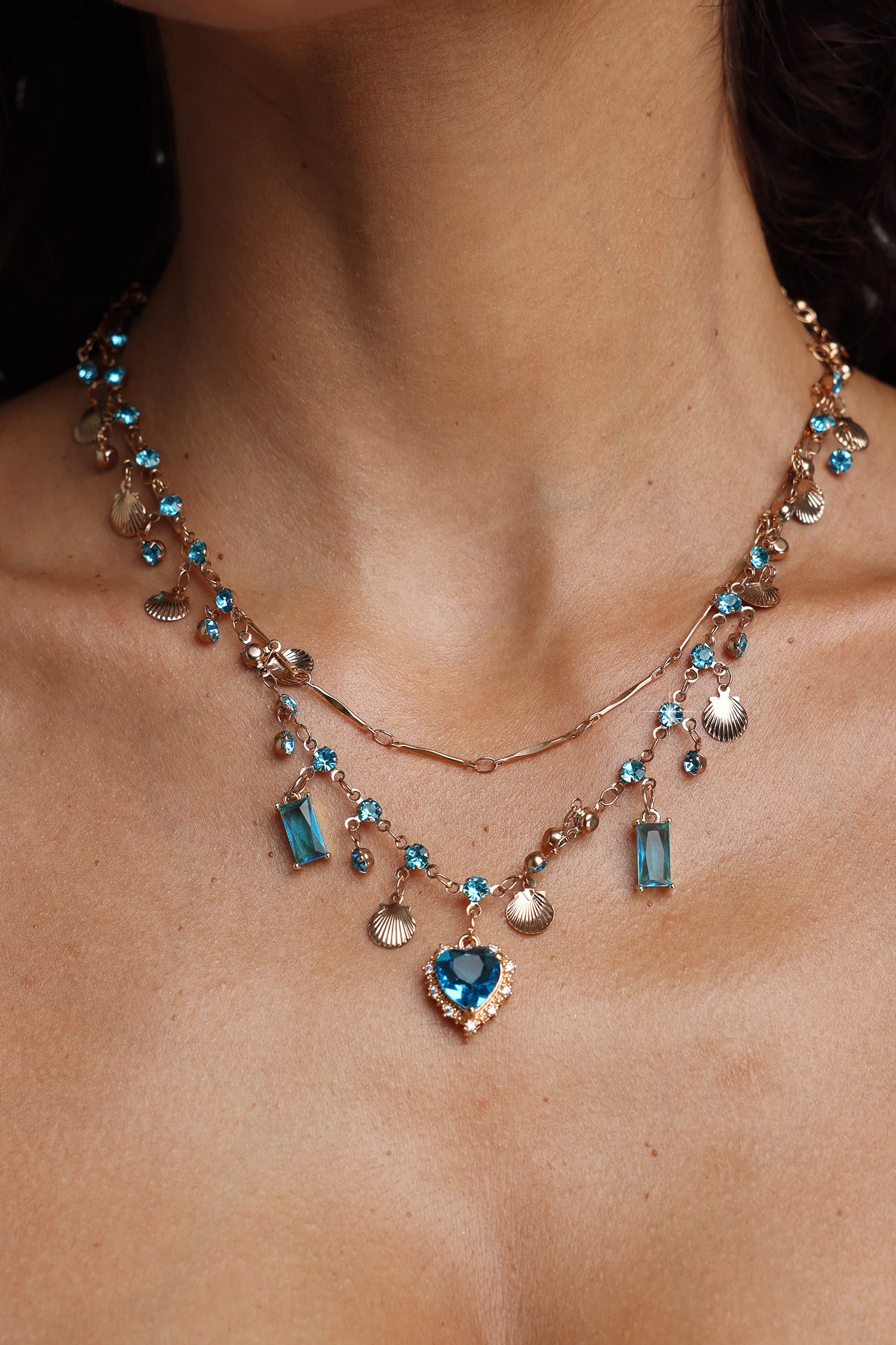 Suku Multi-Layered Heart Rhinestone Tassel Necklace	