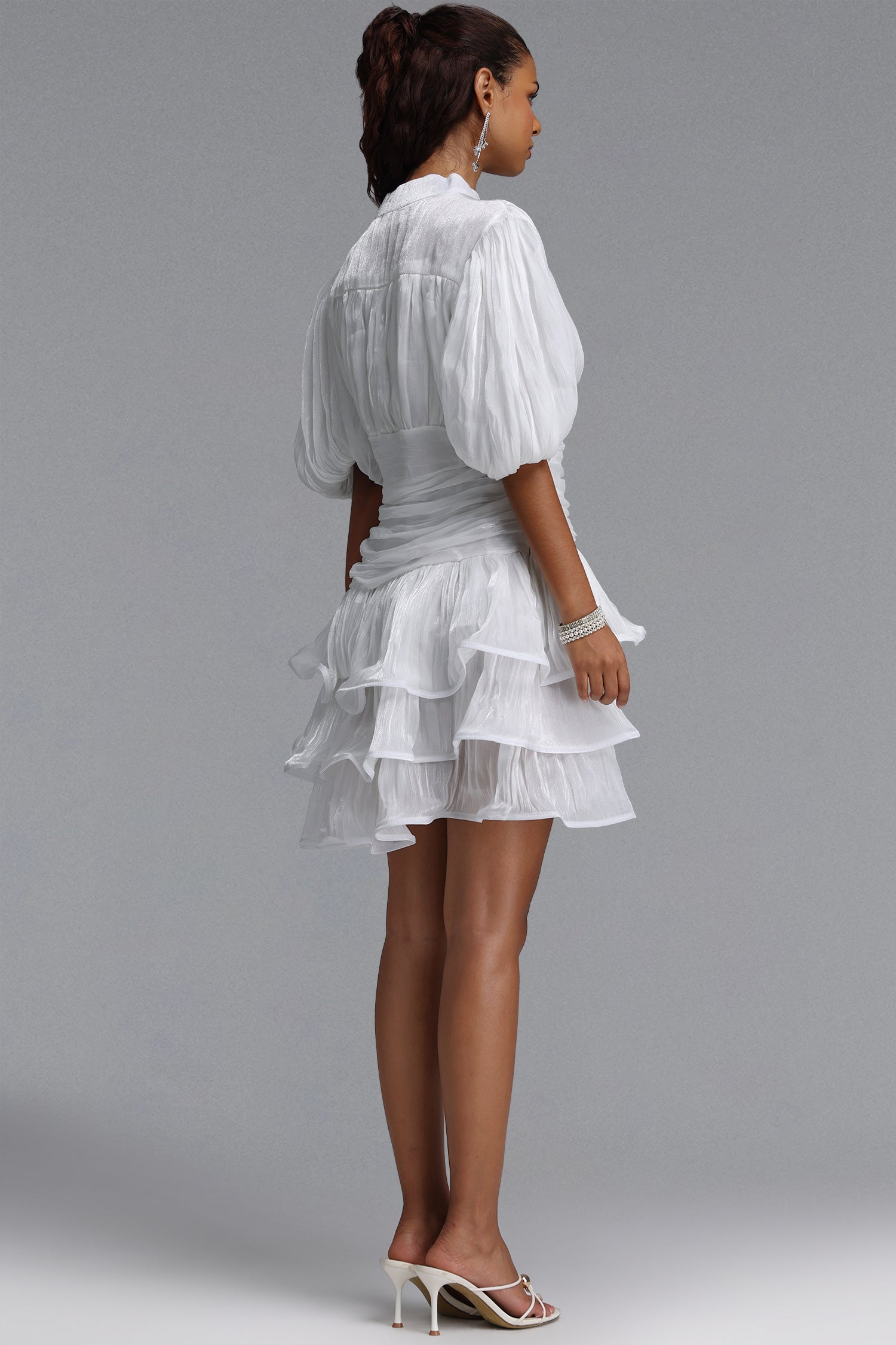 Fagra Resort Flowy Puff Sleeve Ruffle Shimmer Satin White Mini Dress	