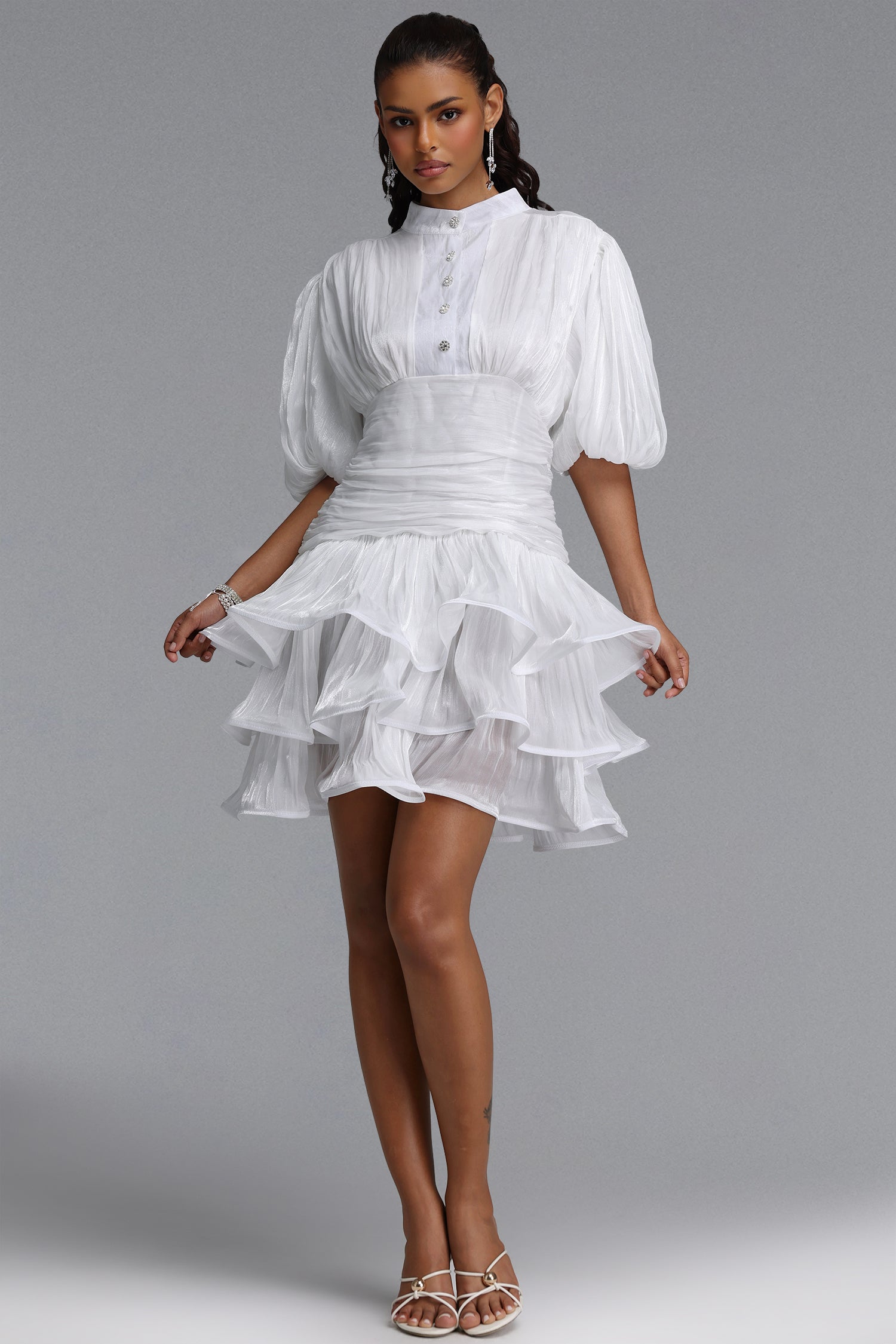 Fagra Resort Flowy Puff Sleeve Ruffle Shimmer Satin White Mini Dress	