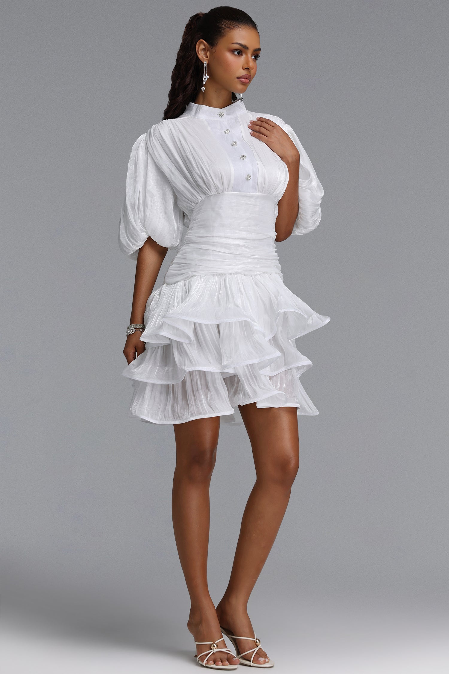 Fagra Resort Flowy Puff Sleeve Ruffle Shimmer Satin White Mini Dress	
