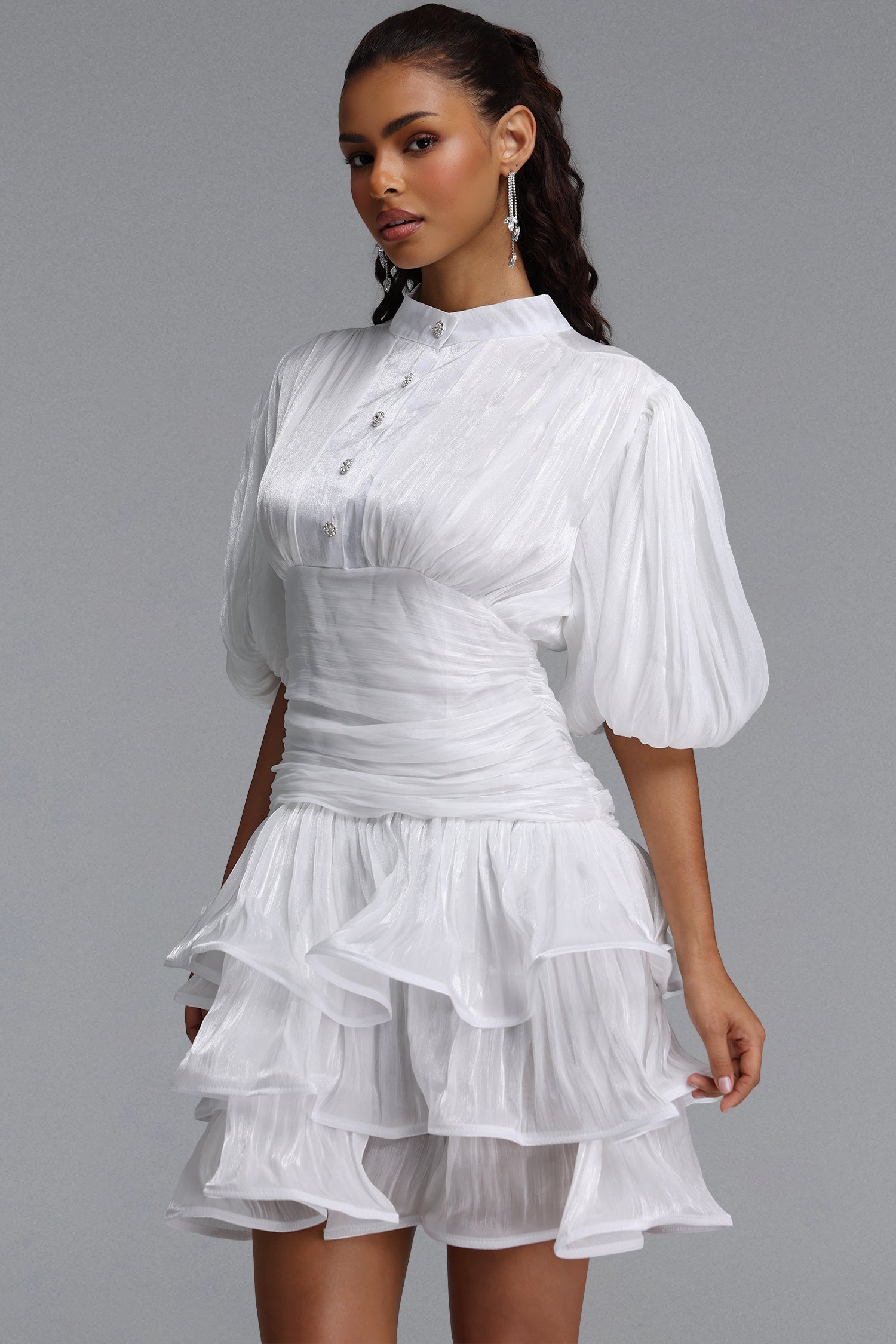 Fagra Resort Flowy Puff Sleeve Ruffle Shimmer Satin White Mini Dress	