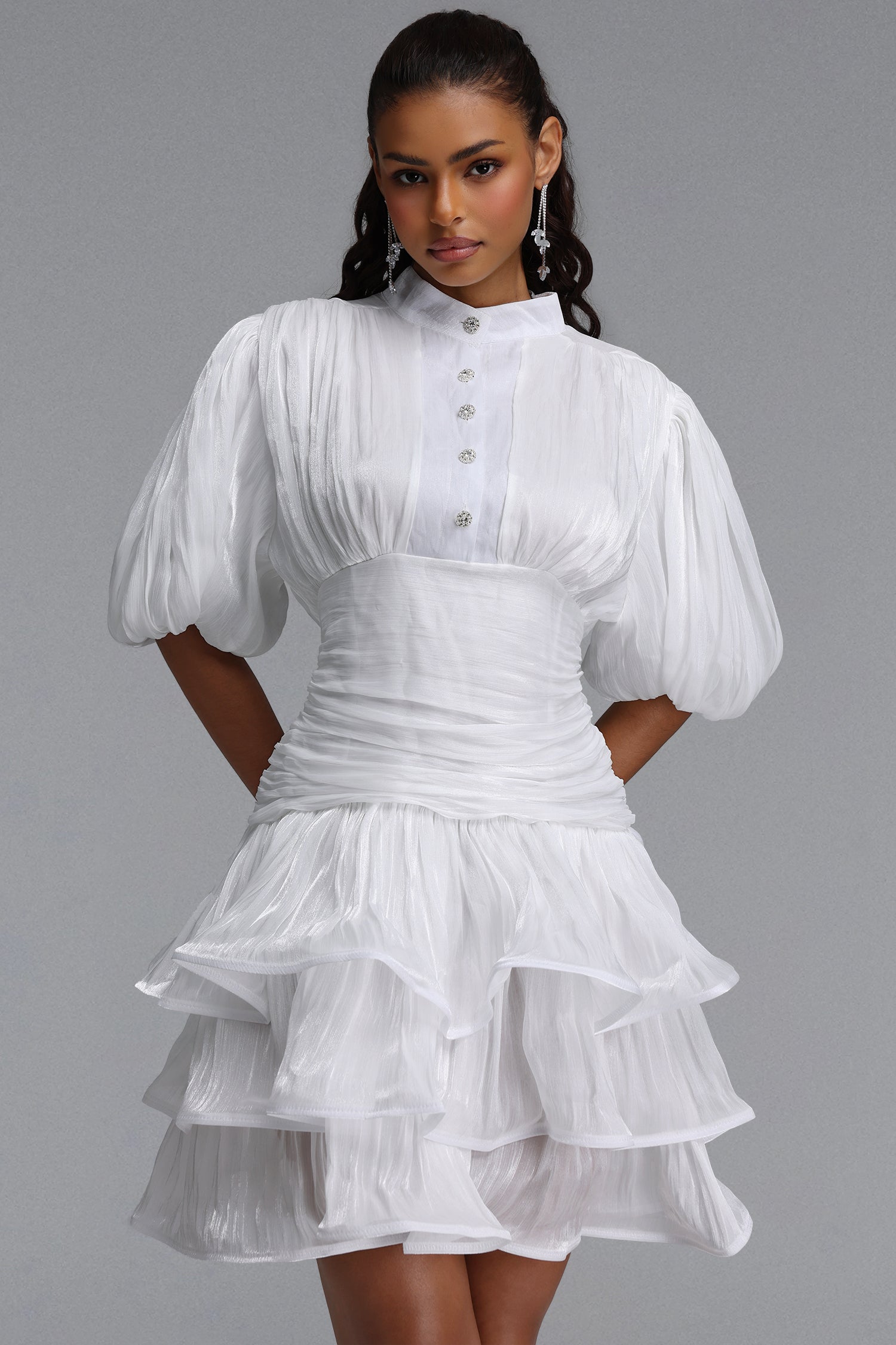 Fagra Resort Flowy Puff Sleeve Ruffle Shimmer Satin White Mini Dress	