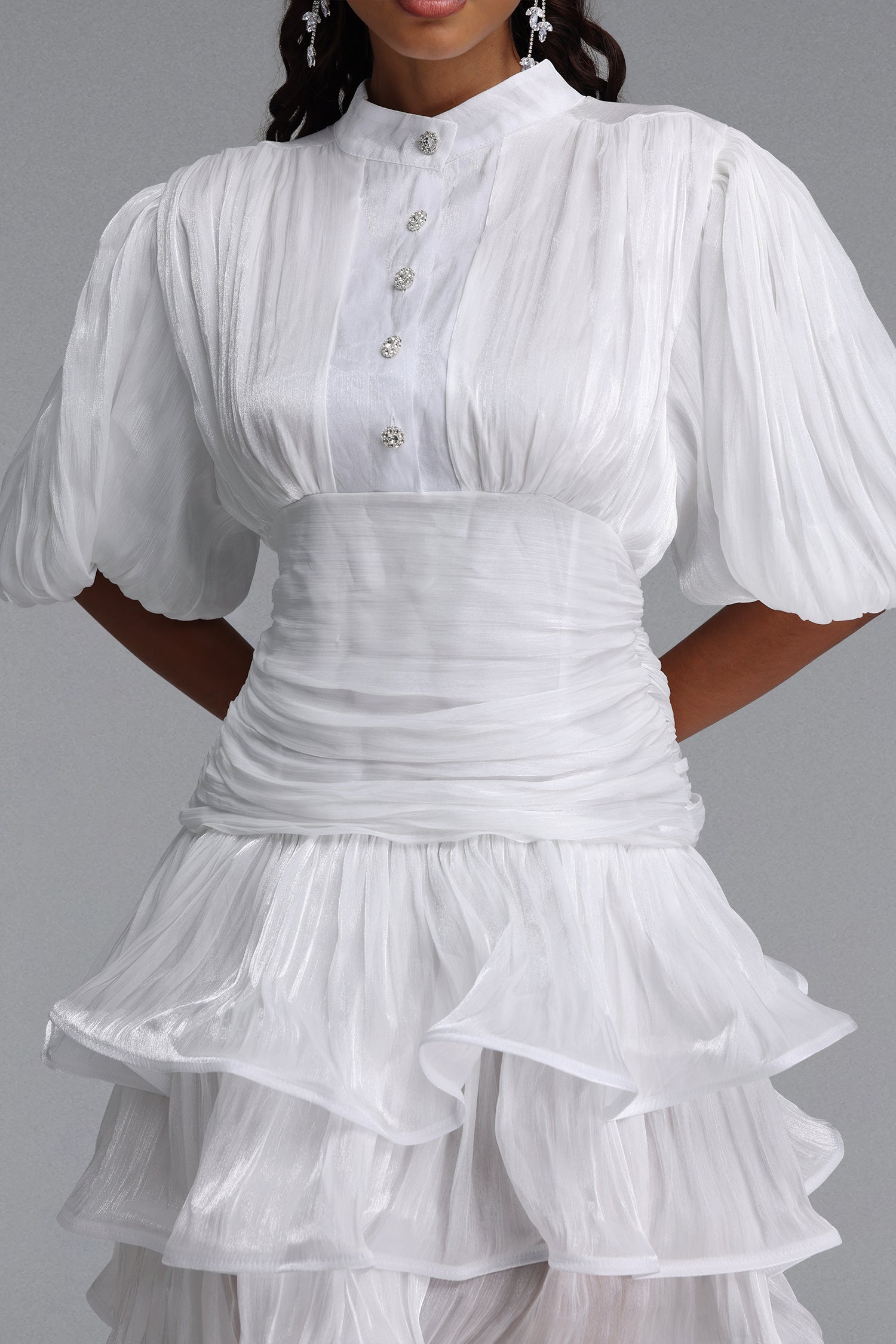 Fagra Resort Flowy Puff Sleeve Ruffle Shimmer Satin White Mini Dress	
