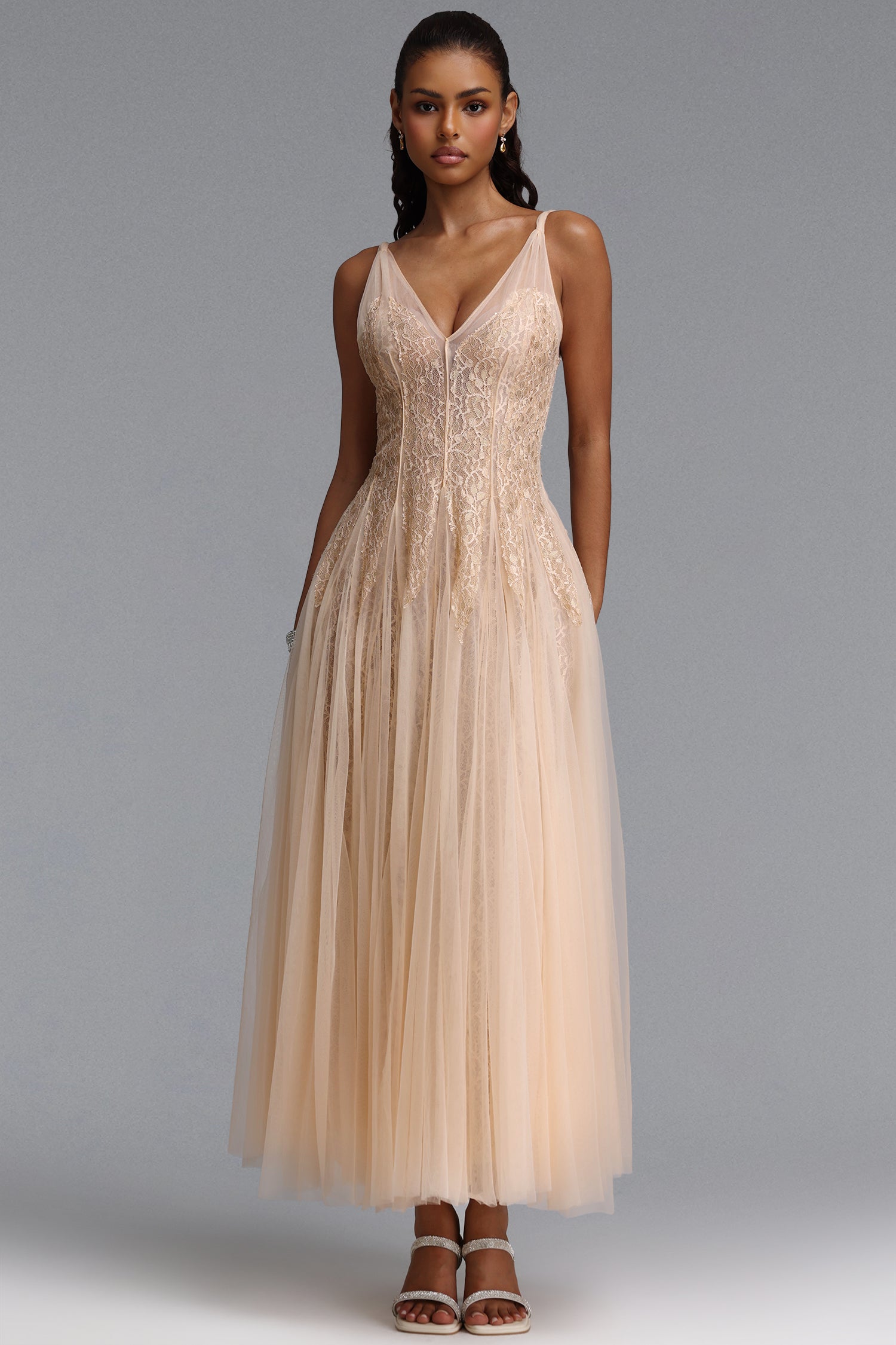 Daryl Romantic Flowy V Neck Spaghetti Strap Floral Lace Maxi Dress	