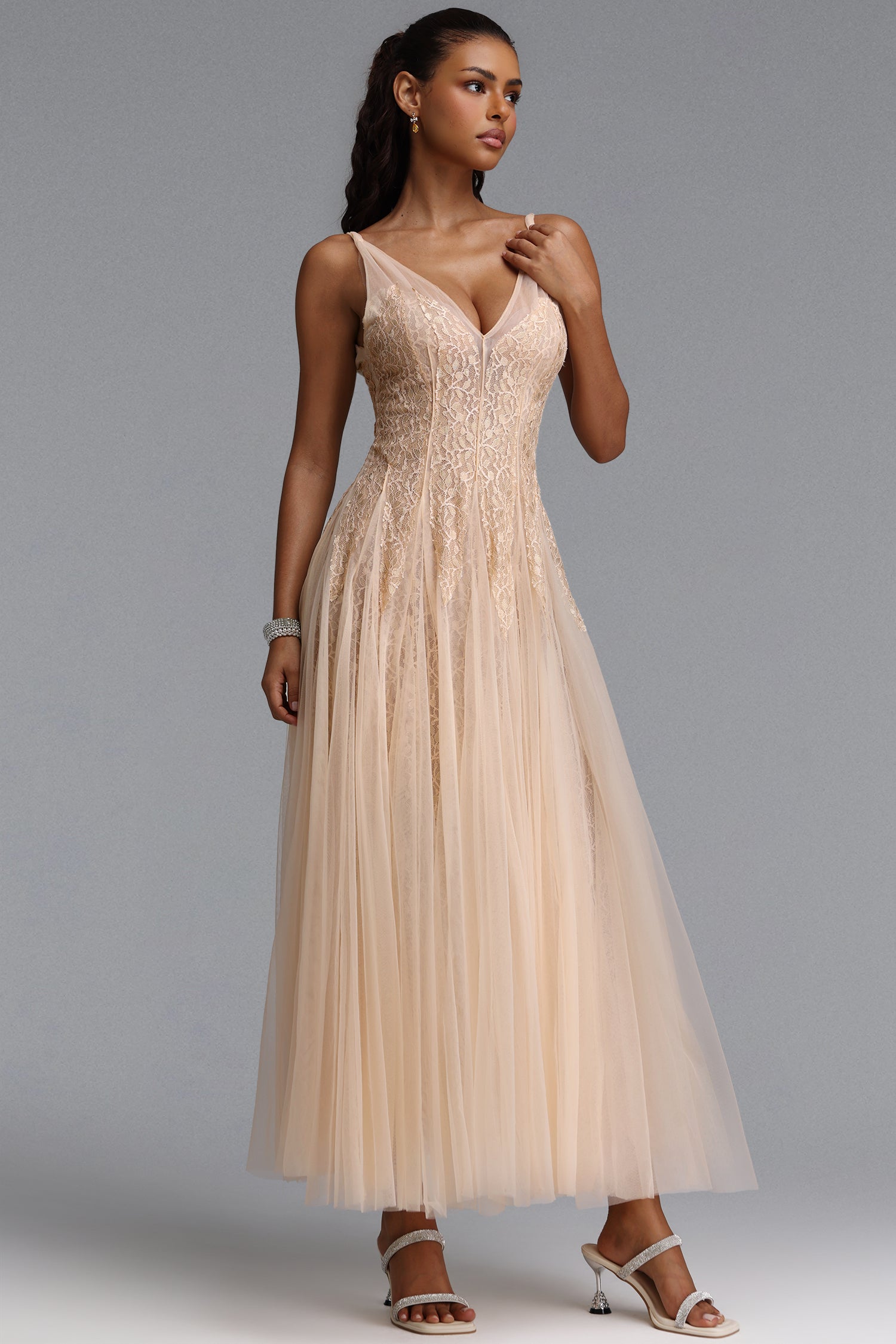 Daryl Romantic Flowy V Neck Spaghetti Strap Floral Lace Maxi Dress	