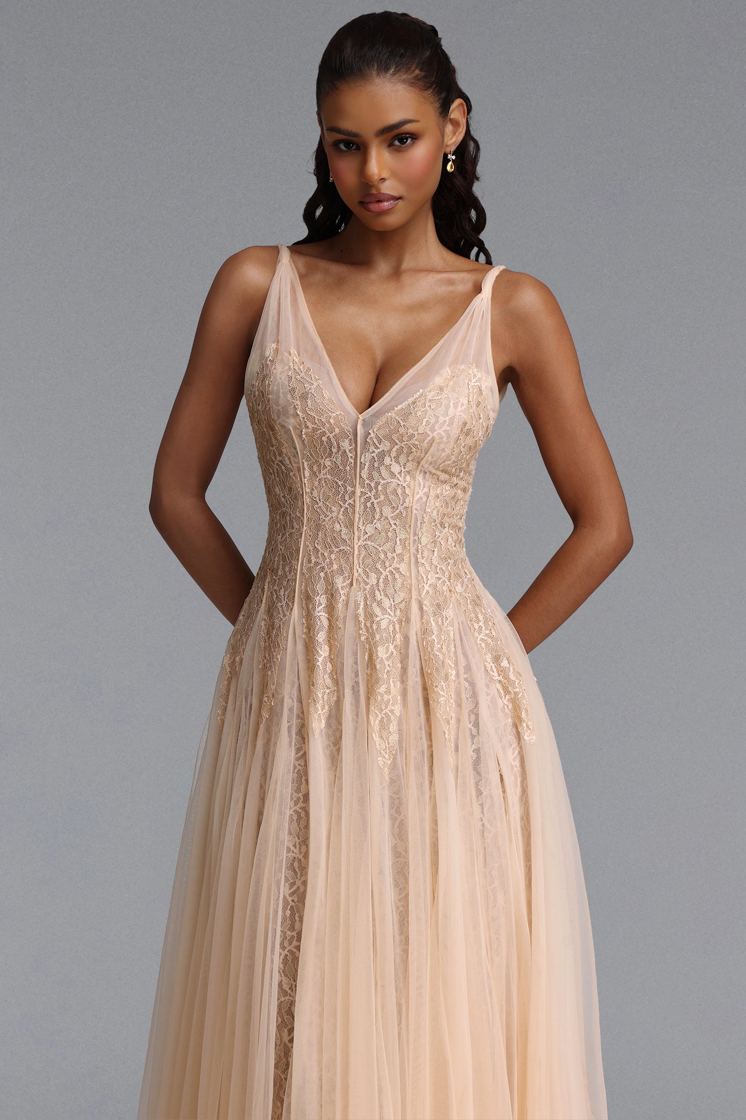 Daryl Romantic Flowy V Neck Spaghetti Strap Floral Lace Maxi Dress	