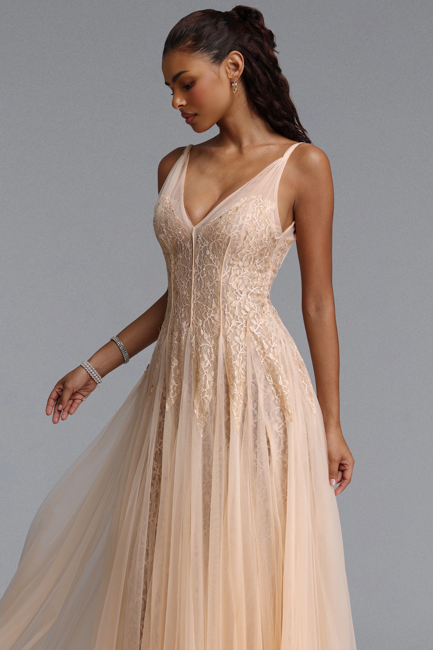 Daryl Romantic Flowy V Neck Spaghetti Strap Floral Lace Maxi Dress	