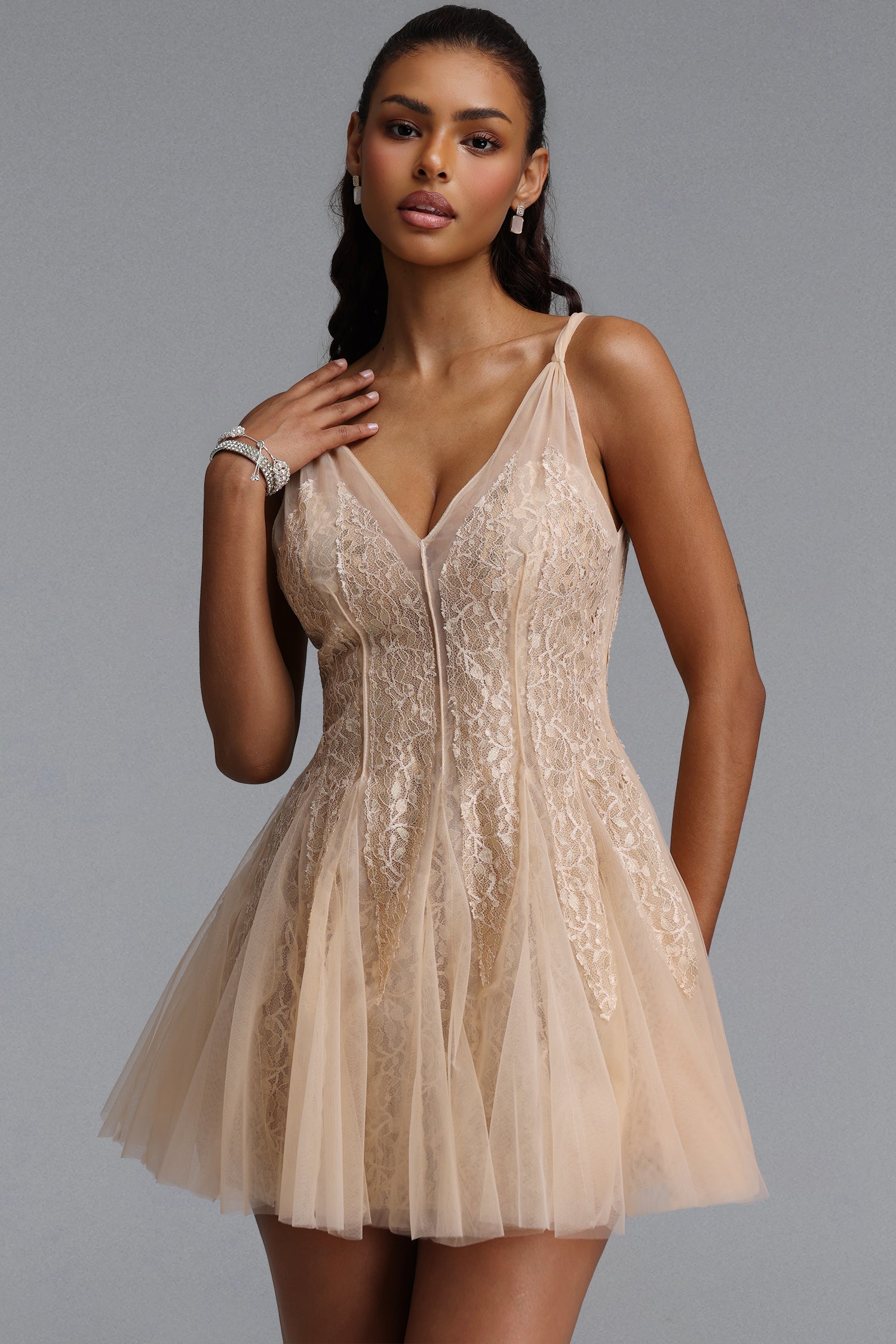 Ezgi Romantic Flowy V Neck Spaghetti Strap Floral Lace Mini Dress	