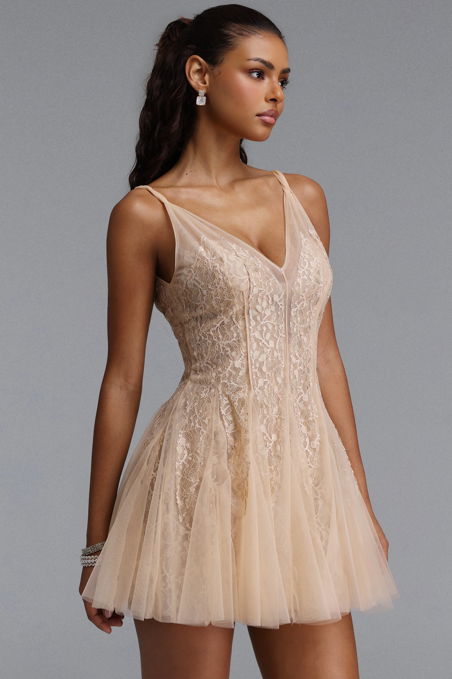 Ezgi Romantic Flowy V Neck Spaghetti Strap Floral Lace Mini Dress	