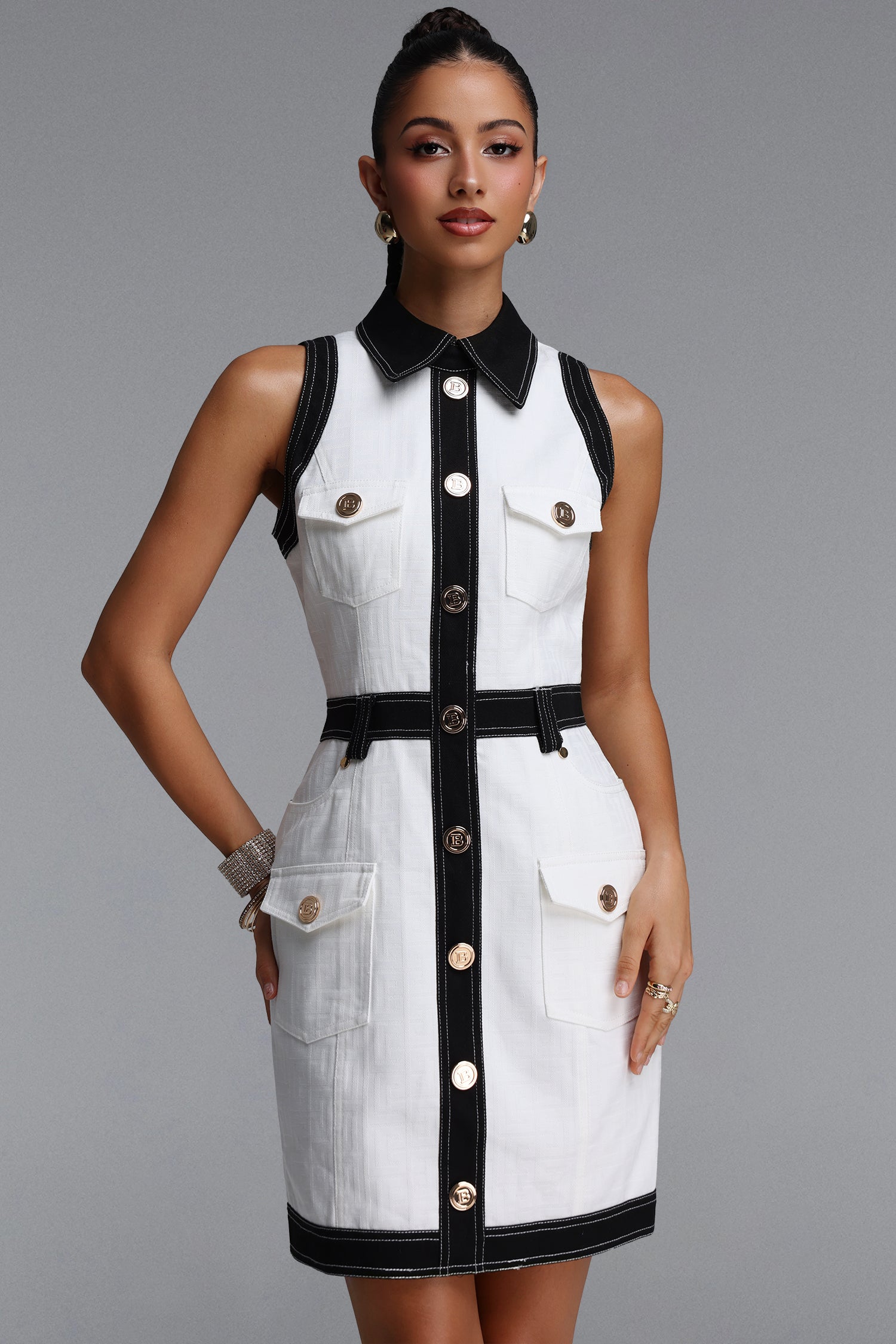 Jye Chic Tailored Shirt Collar Sleeveless Woven Mini Dress	